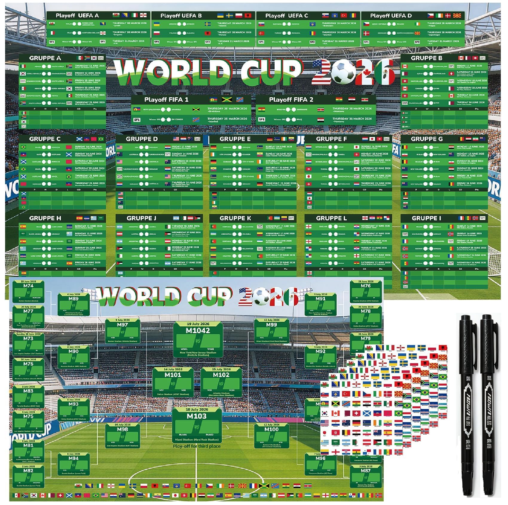 Aitsite Planificador de copa do mundo 2026, póster para decoración del Mundial de mundial 2026, planificador de fútbol con pegatinas de bandera y bolígrafo, todos los juegos, fechas y lugares — view 10