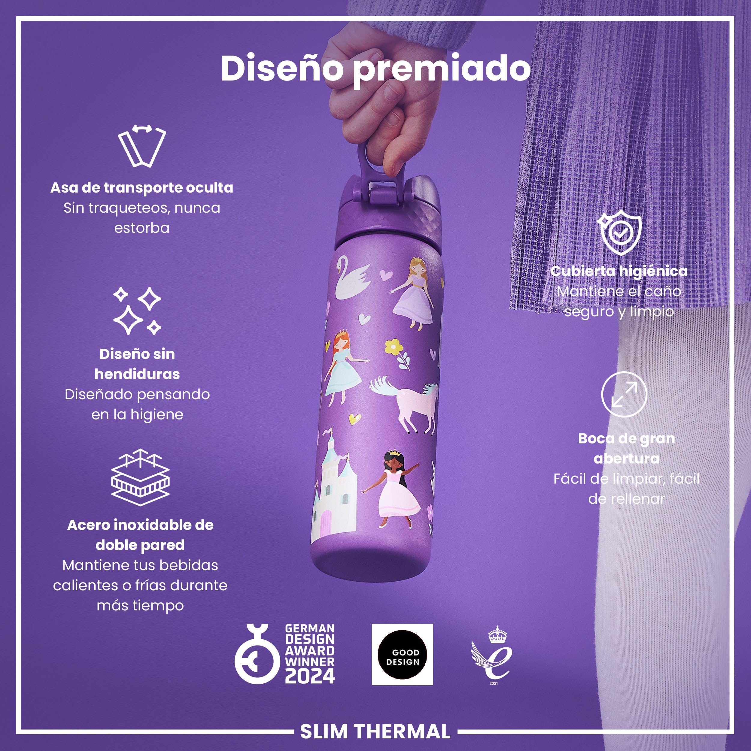 ion8 Botella Agua Acero Inoxidable Termica, 500ml, a Prueba de Fugas, Fácil de Abrir, Cerradura Segura, Aptas para Lavavajillas, Adapta a Portavasos, Asa de Transporte, Princesa