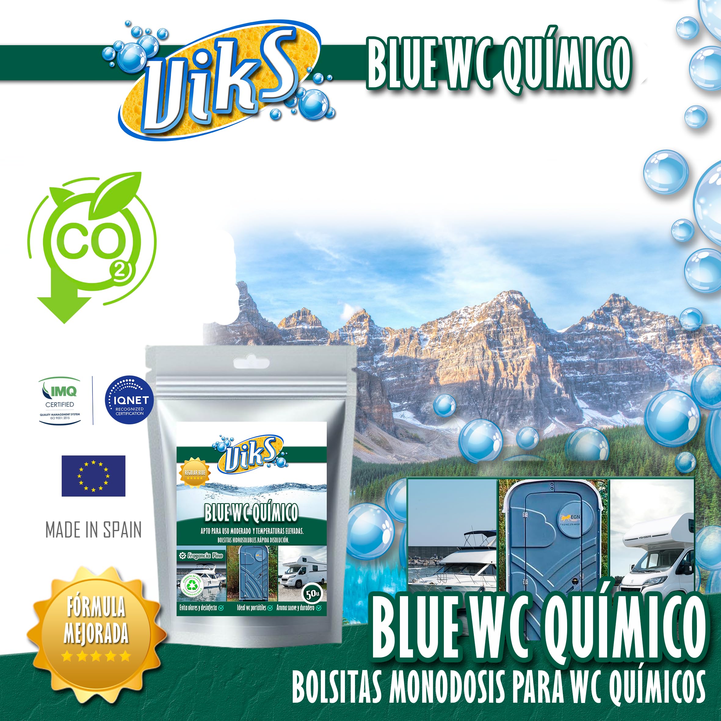 Viks | Pastillas azules para WC | 50 ud UltraPotentes | Eliminación Deshechos Orgánicos y Papel | Desodorizante para Caravanas, Baños portatiles, Potty | Fragancia Bosque