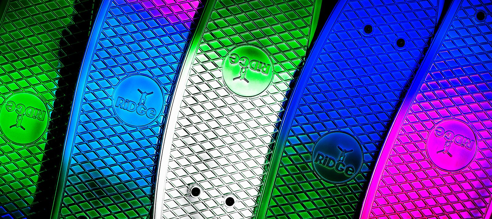 Ridge Skateboards Rainbow Neochrome 27' Mini Cruiser Complete Nickel Board - UK Manufactured - Metallic Fades