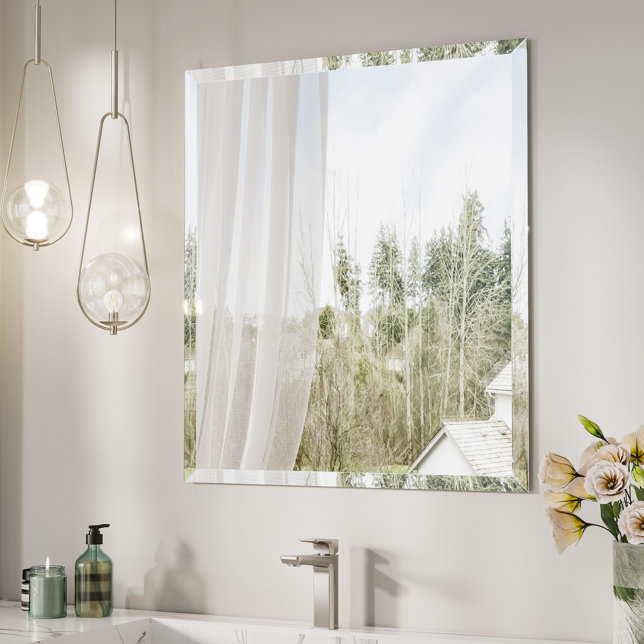 Keonjinn 24 x 30 Inch Beveled Bathroom Mirror, Rectangle Bathroom Mirrors for Over Sink, Shatterproof Wall Mirror, Modern Decorative for Living Room, Entryway, Bedroom, Horizontal/Vertical