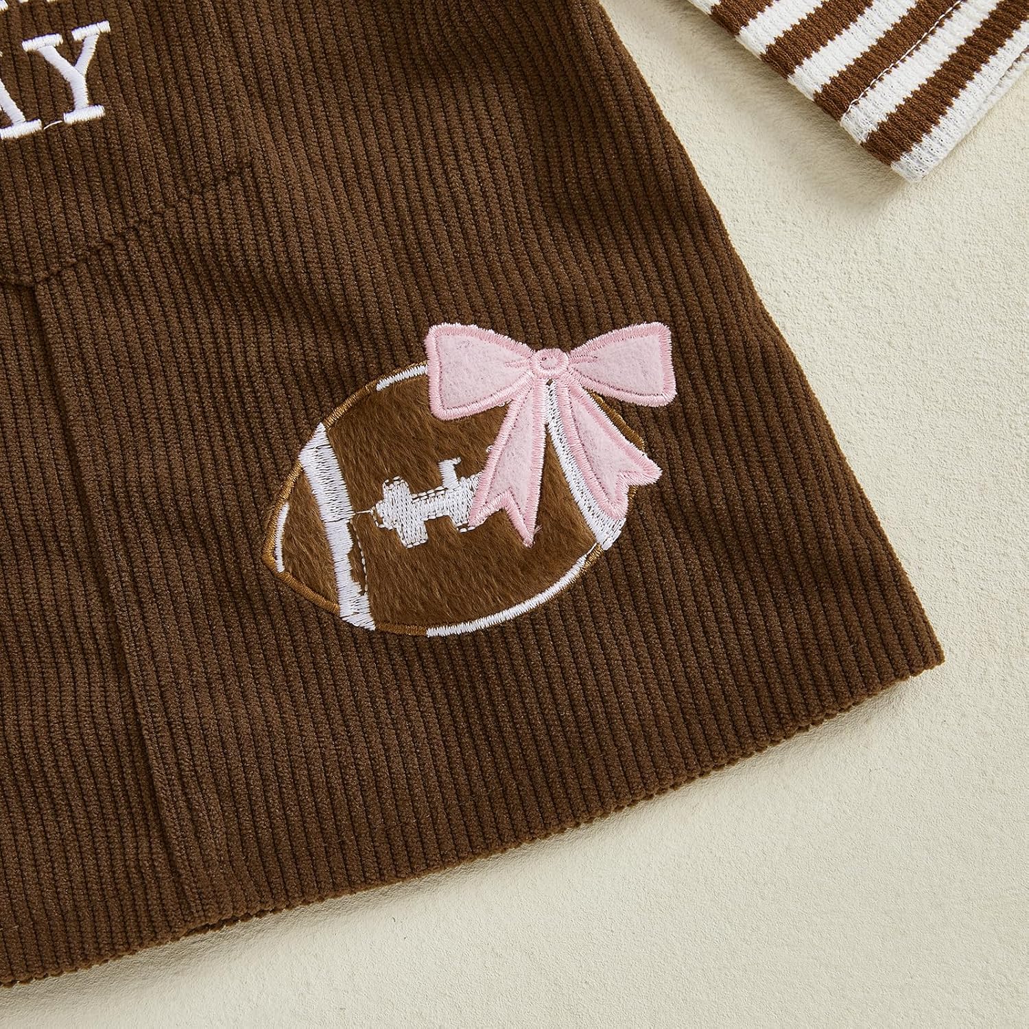 Newborn Infant Baby Girl Game Day Football Outfit Long Sleeve Striped Onesie with Corduroy Suspender Skirt Set - Image 7