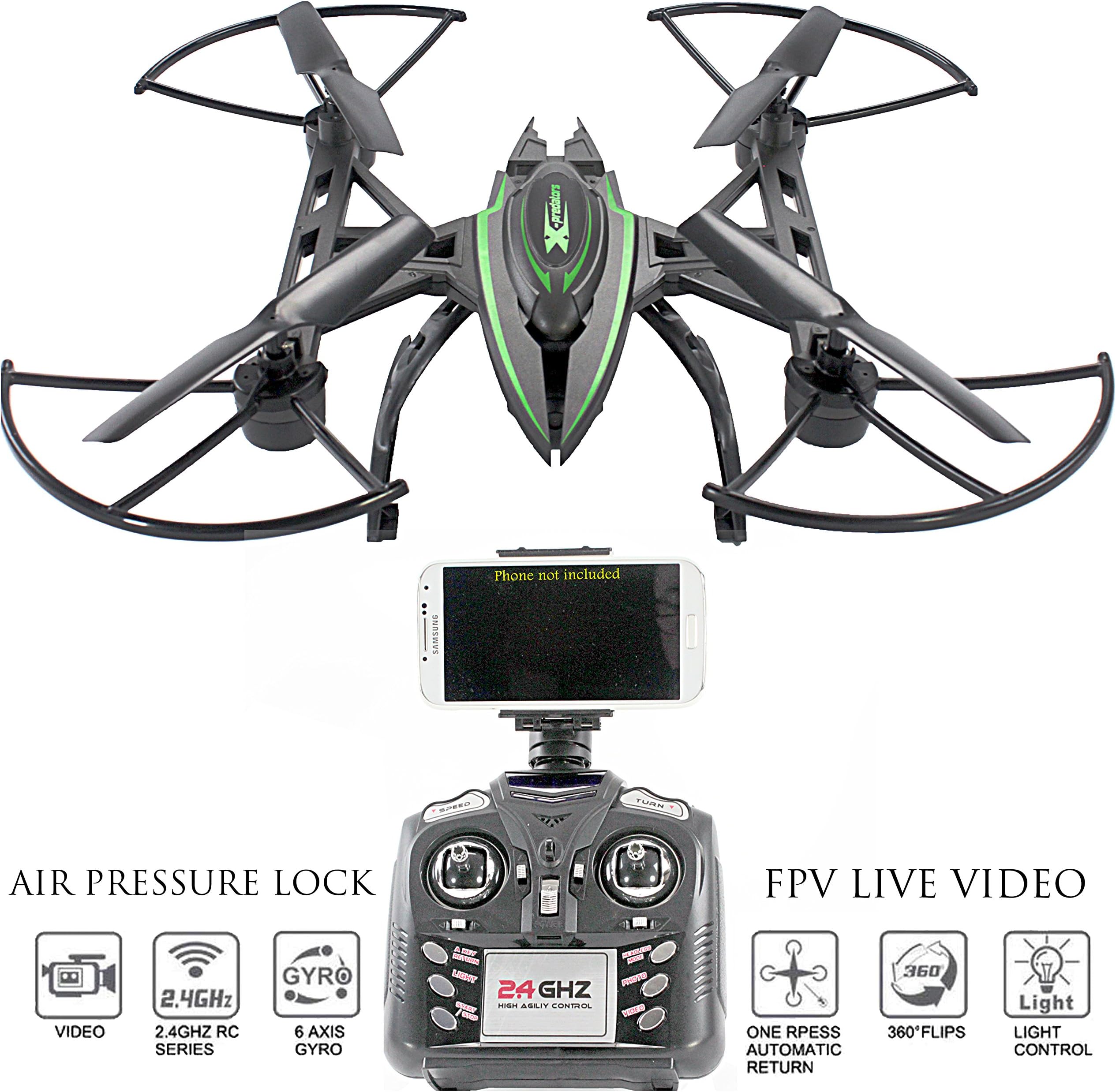 Camera Drone with Live Video - Predator FPV VR Quadcopter, Virtual Reality First Person View Flight in Real Time, Air Pressure Sensor Attitude Lock