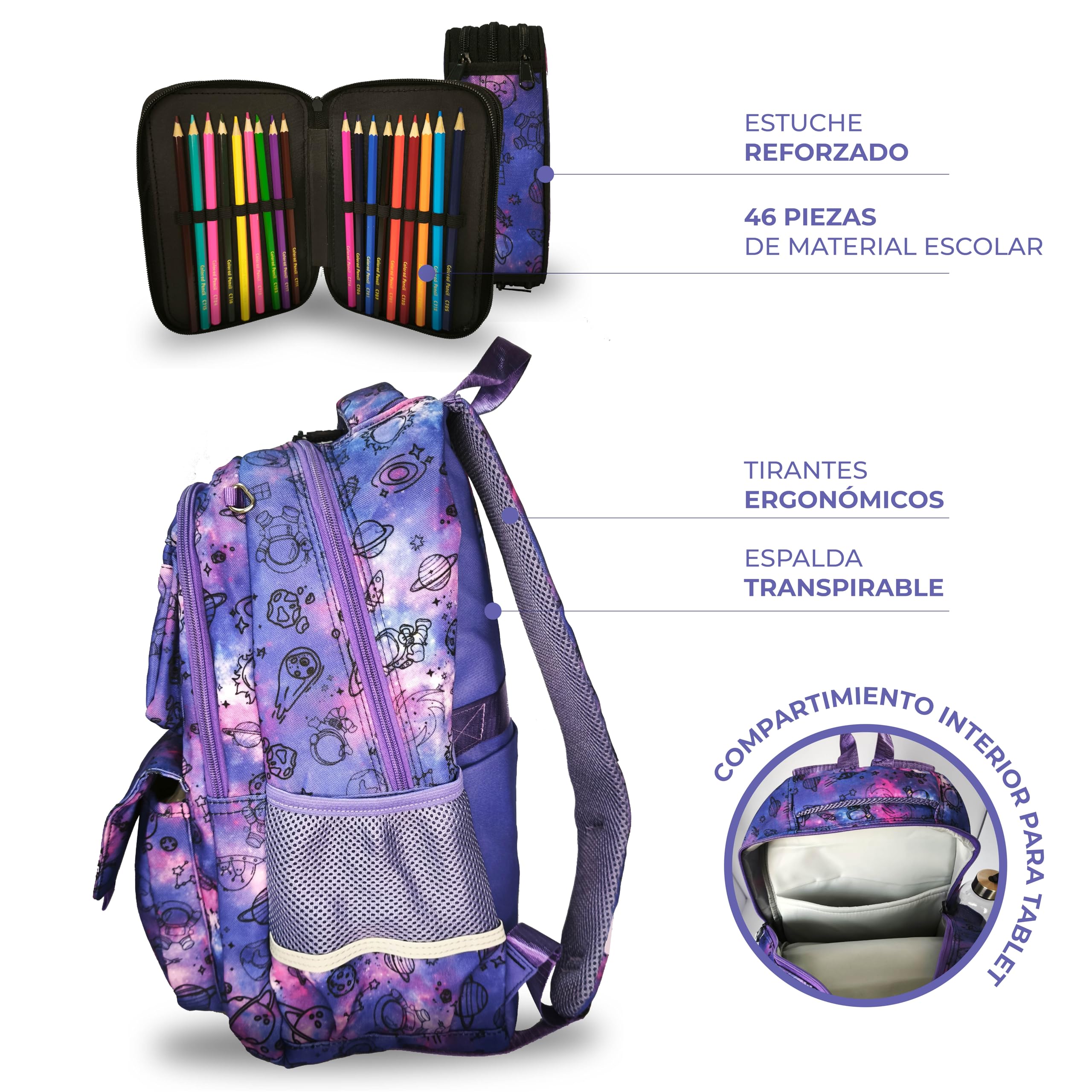Pack Mochila Escolar Ergonómica, Diseño Galaxia, 30 x 40 cm, con Estuche Escolar y Material 46 Piezas