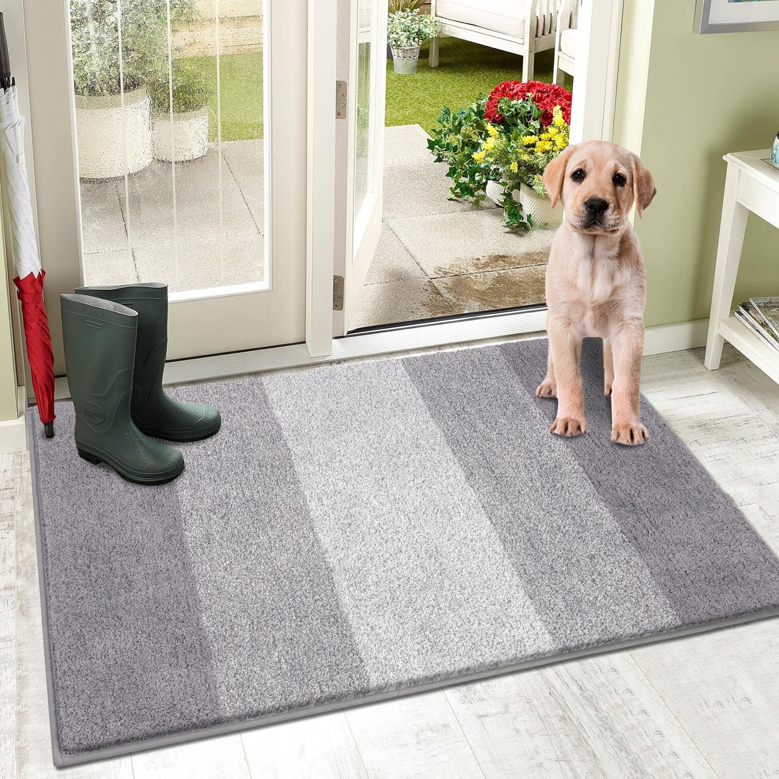 Vaukki Indoor Doormat Entryway Door Mat, Non Slip Absorbent Mud Trapper Mat Inside Floor Mat, Washable Door Carpet for Entryway (32''x40'', Light Grey