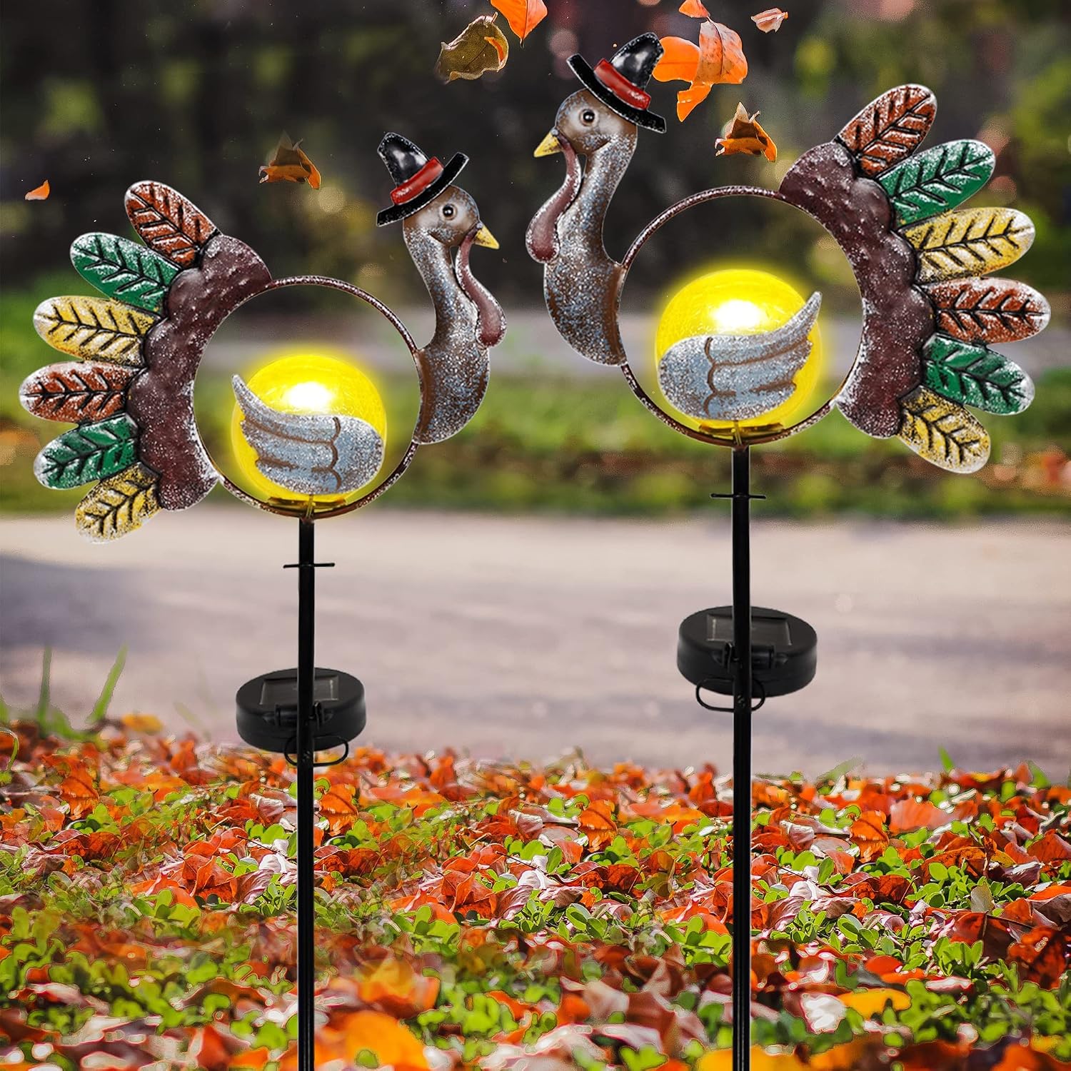 SAND MINE Solar Thanksgiving Yard Decorations, 41.5 Inch Outdoor LED Solar Powered Turkey Thanksgiving Pathway Lights, Metal Garden Stakes Lawn Yard Ornament, Set of 2