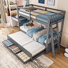 90 x 200 cm Bunk Bed, Children's Bed for Girls and Boys, Pine Wood MDF Bed Frame with Ladder and Extendable Bed 90 x 180 cm and Bed Frame with 3 Drawers (Grey)