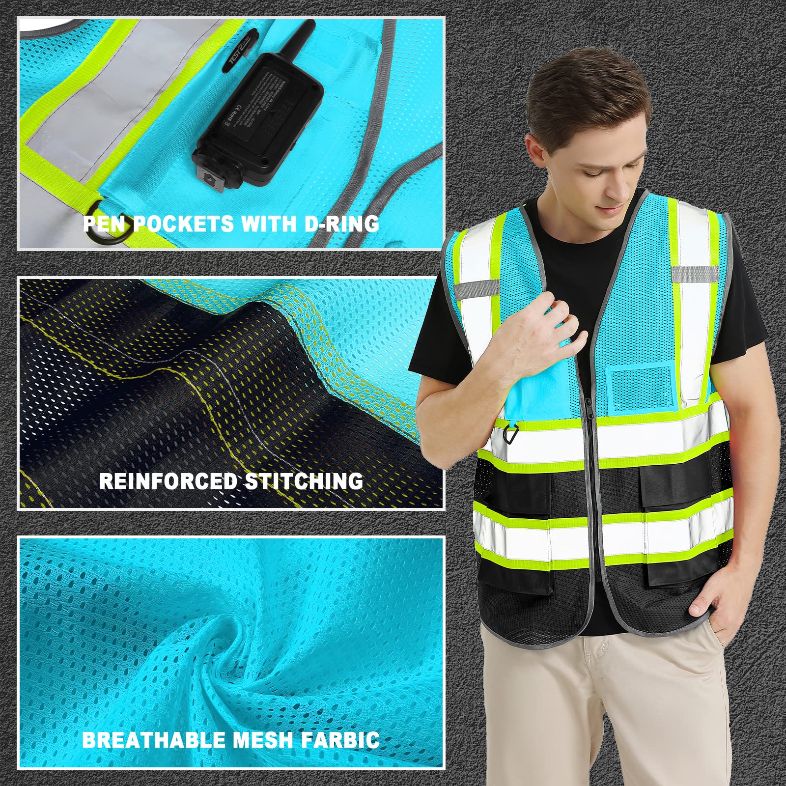 Custom Logo 20 Pack Mesh Safety Vest Class 2 High Visibility Vest with Pockets Breathable Construction Vest Blue Black