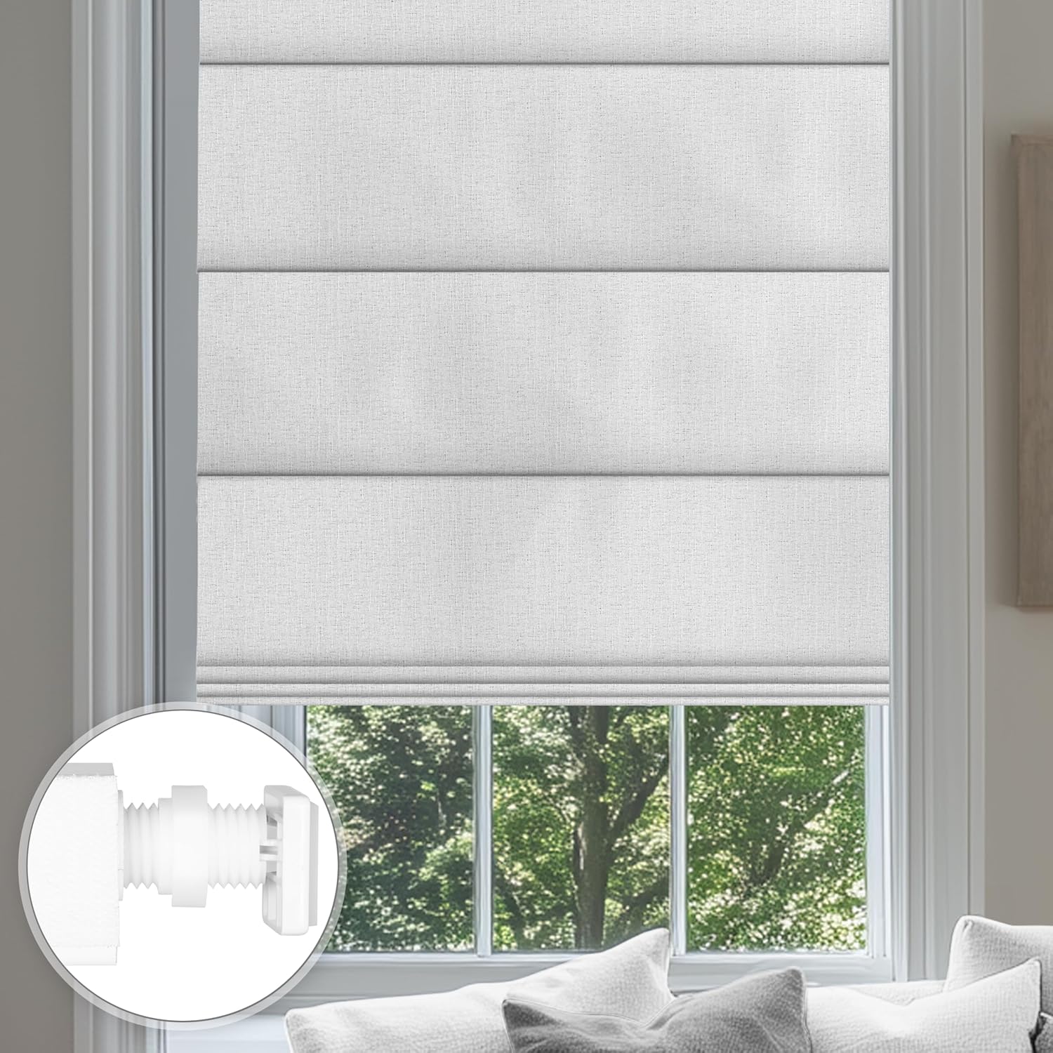 No Drill Roman Shades for Windows No Tools Roman Shades, UV Protection, Privacy, Thermal Insulation Roman Blinds, Easy to Install, Room Darkening Blackout-White Gray 36" W x 64" H