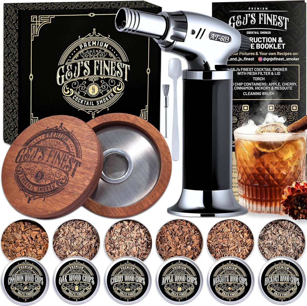 Whiskey Smoker Kit | Cocktail Smoker Kit| Bourbon Smoker Kit| Old Fashioned Smoker Kit with 3-Flame Torch, 6 Wood Chips & Gift Box for Smoking Drinks| Whiskey Gift for Men (No Butane Incl.)
