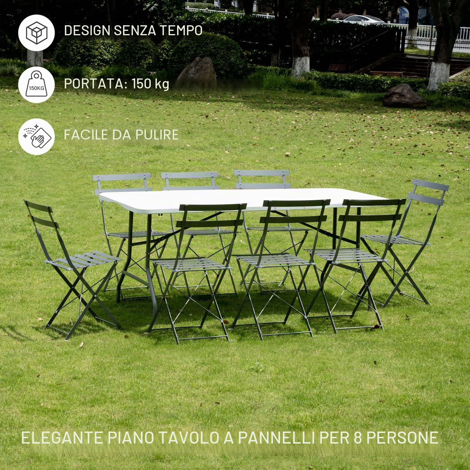 DEWINNER Tavolo Pieghevole 180x74x74 cm, massimo 150 kg, Materiale HDPE, 6 o 8 posti, Tavolo da giardino pieghevole Bianco portatile con serratura di sicurezza, Adatto per buffet, festival, campeggio
