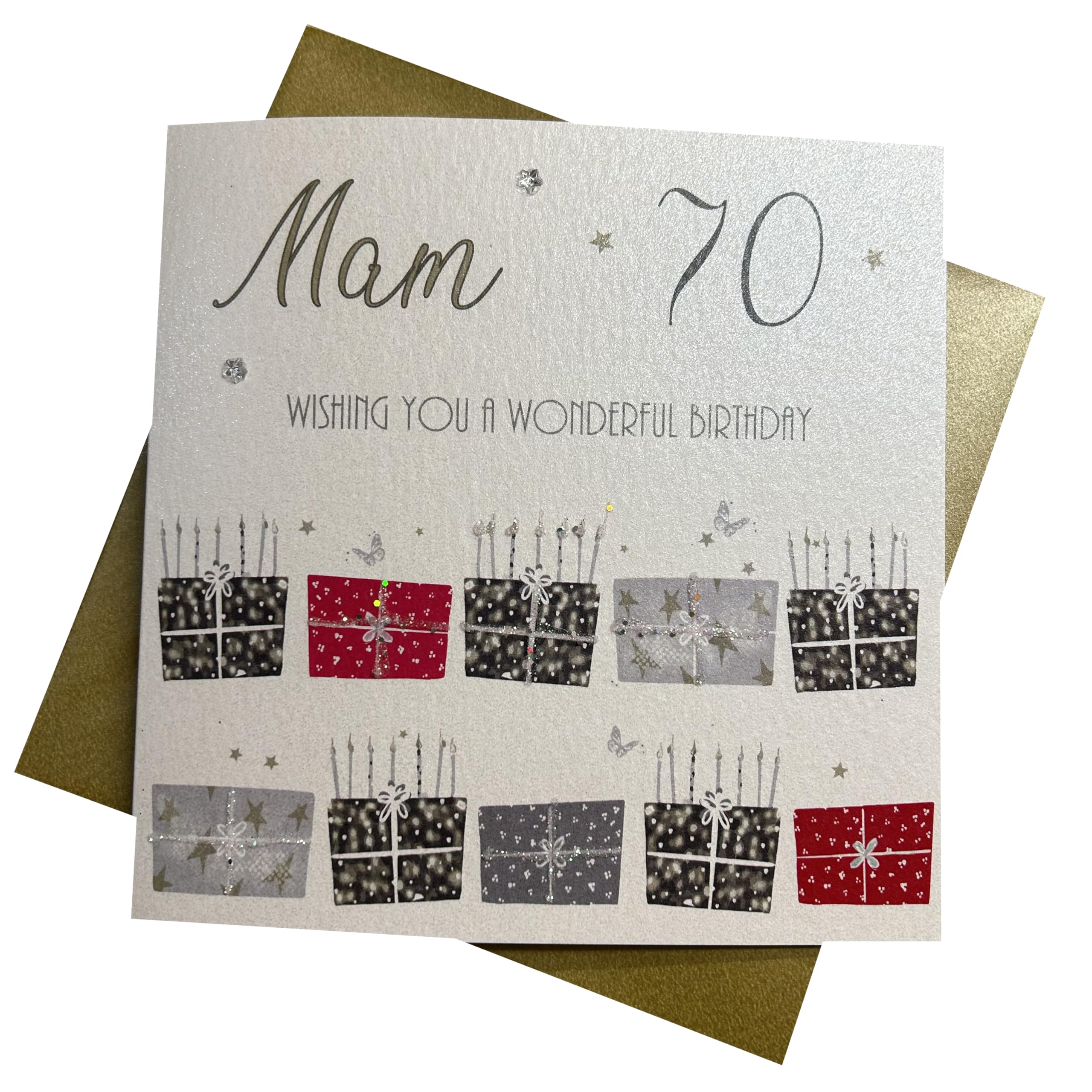 White Cotton Cards 70 Wishing You A Wonderful Mam,Handmade 70th Birthday Card (Red Pressie