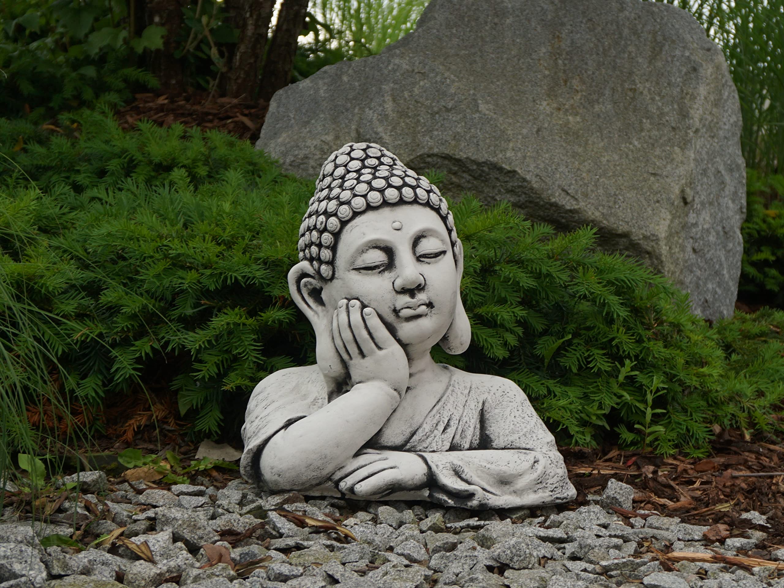 gartendekoparadies.de Buste de Bouddha imposant en pierre, H. 35 cm, 18 kg, gris, résistant au gel, en pierre coulée, pour l'extérieur