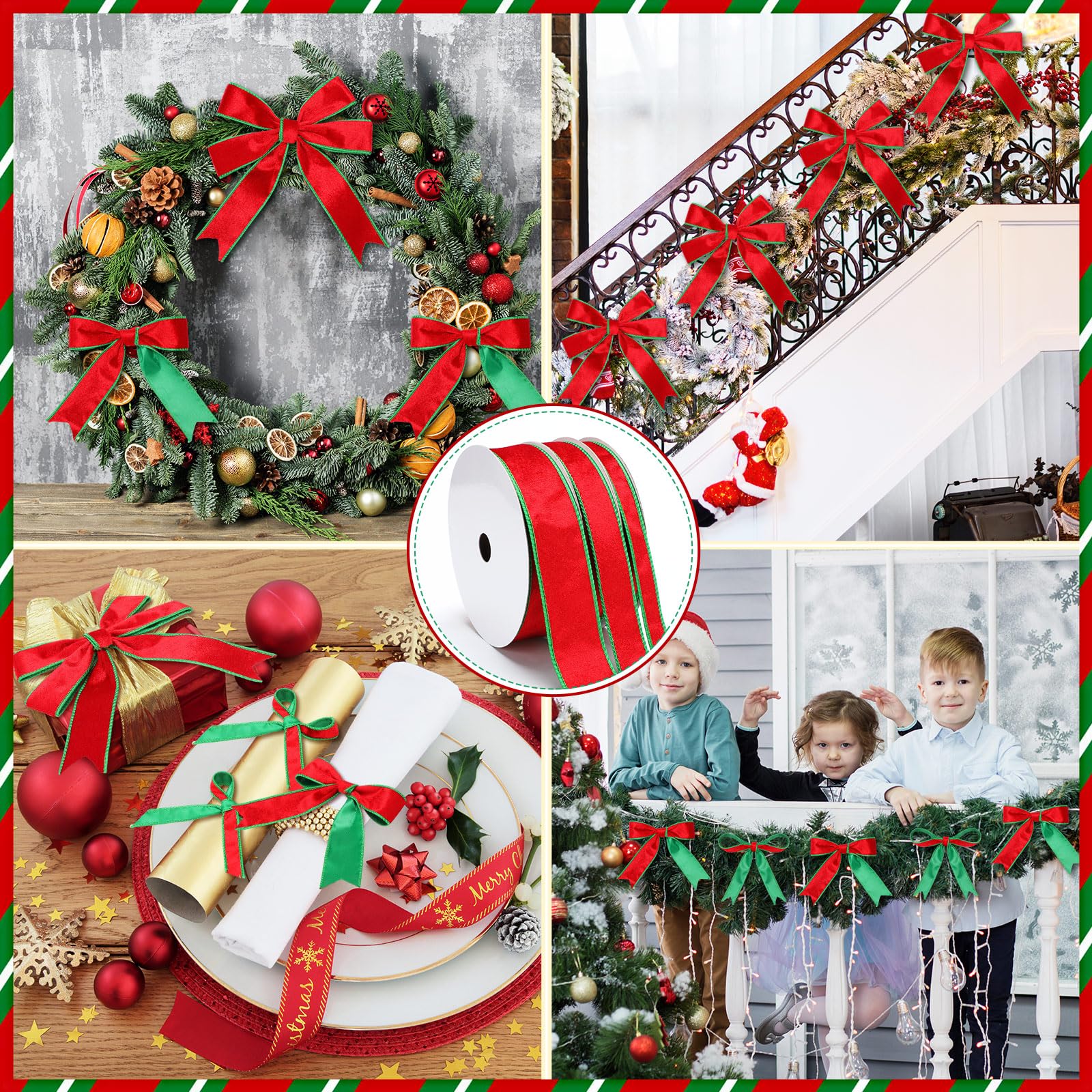 Yunlly 3 Rollen Weihnachts-Samtband mit Draht, 1,5 cm, 2,5 cm, 3,8 cm, doppelseitiges Samtband für Baumdekoration, Geschenkverpackung, Handwerk, Kränze, insgesamt 27,7 m (rot und grün)