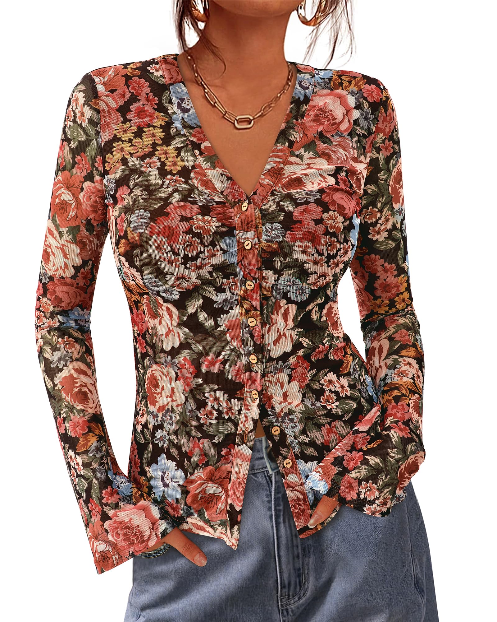 BTFBM Button Down Shirts for Women Ruched Mesh Fitted Blouse