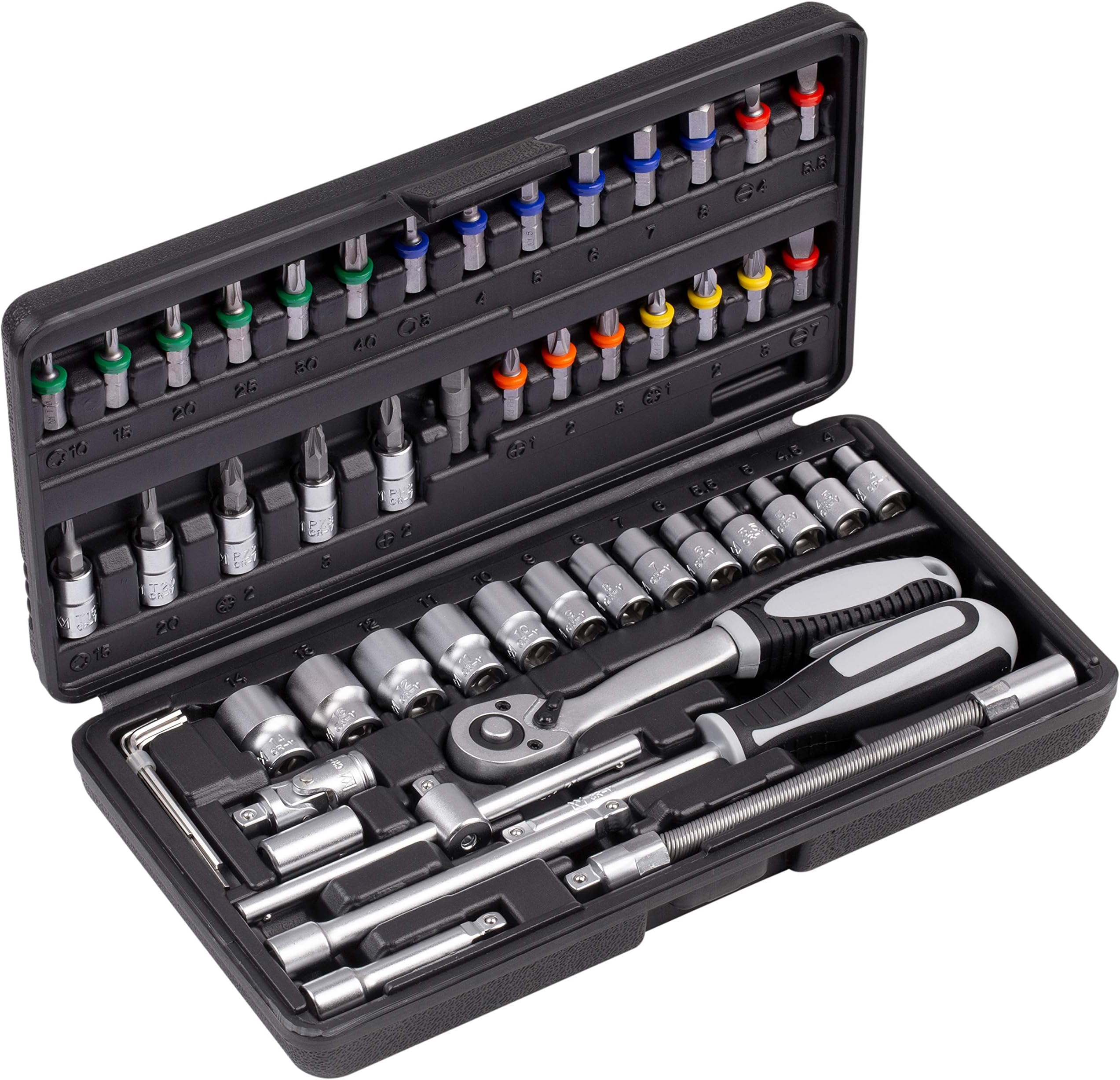 ConnexCOXB365010 Bit and Socket Set 52 Pieces - Sturdy Plastic Case - 1/4 Inch - Reversible Ratchet with Quick Release Function - for Mounting & Screwdriving Work/Socket Set/Bit Set