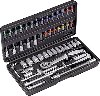 Connex COXB365010 Bit and Socket Set 52 Pieces - Sturdy Plastic Case - 1/4 Inch - Reversible Ratchet with Quick Release Function - For Mounting & Screwdriving Work/Socket Set/Bit Set