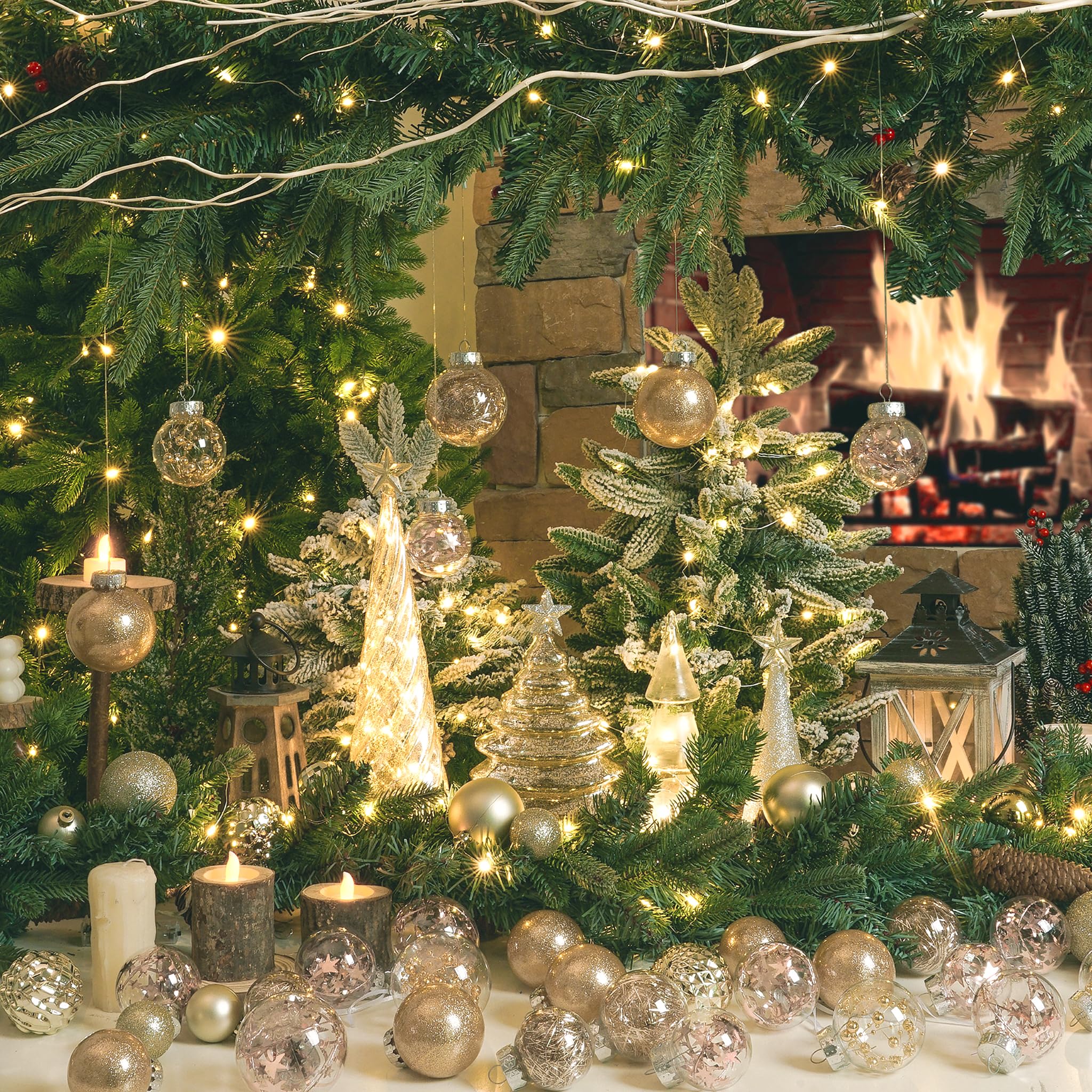 XmasExp 32ct Christmas Ball Ornaments Set -Champagne Clear Plastic Shatterproof Xmas Tree Ball Decorations Hanging Baubles for Holiday Decor