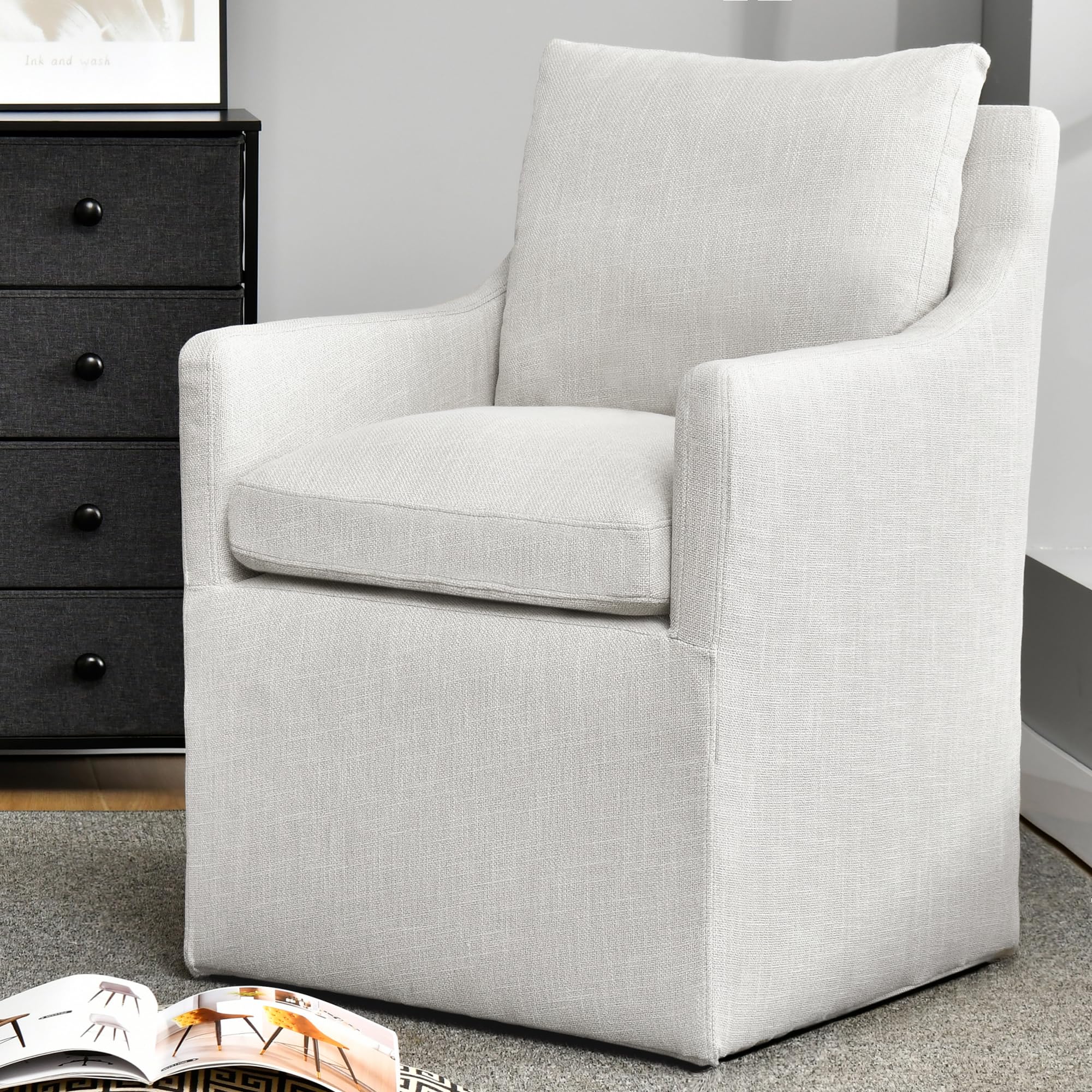 DUHOME Linen Accent Chair with Casters Cream