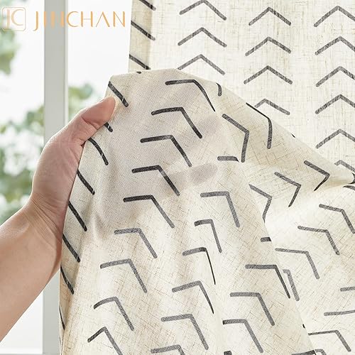 Miniatura 3 de jinchan Cortinas de lino estampadas, 63 pulgadas de largo, 2 paneles de cortinas bohemias para sala de estar, cortinas de lino de lino negro,