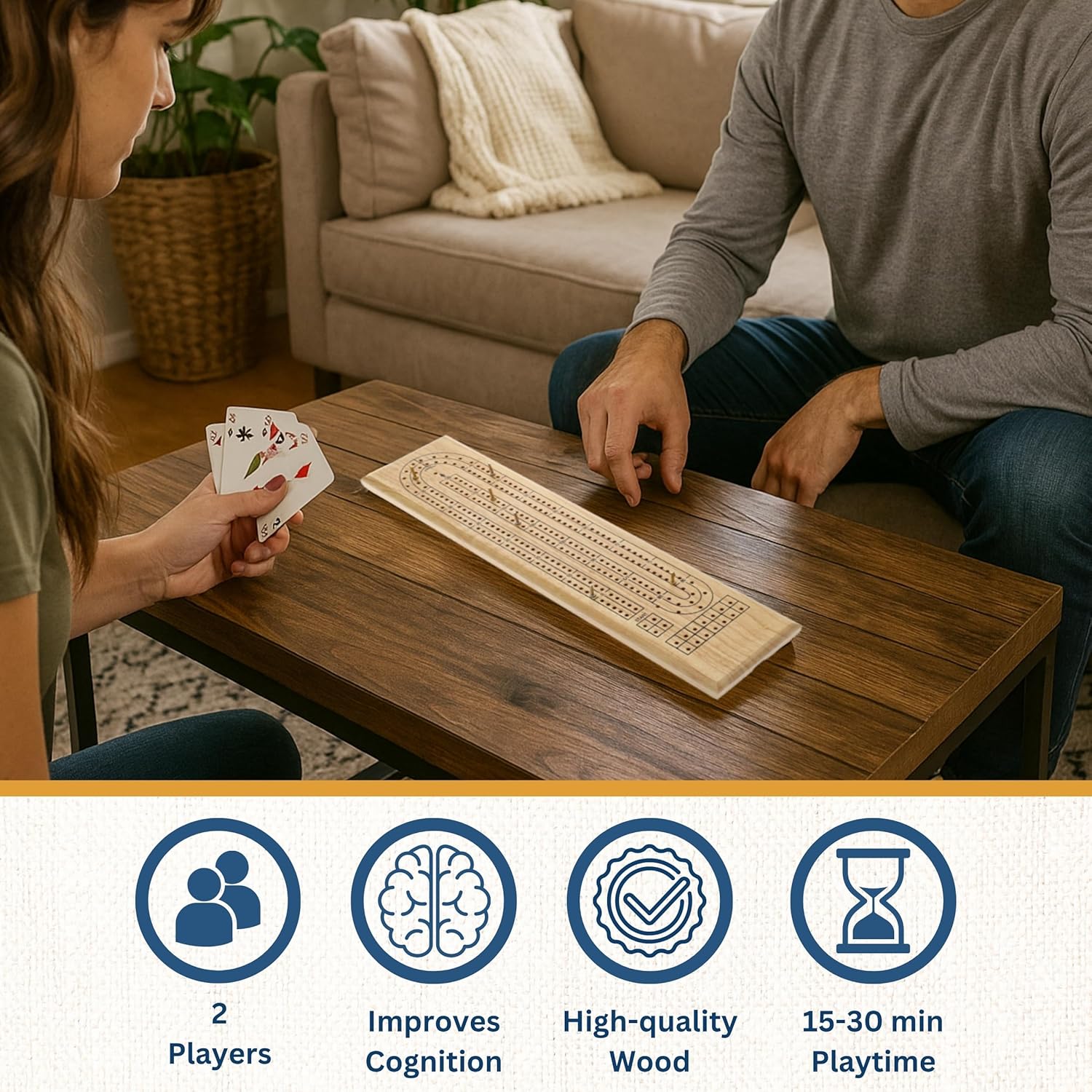 WE Games Classic Cribbage Board Set, 2 Track Solid Wood Board with Metal Pegs, Family Games, Living Room Decor,