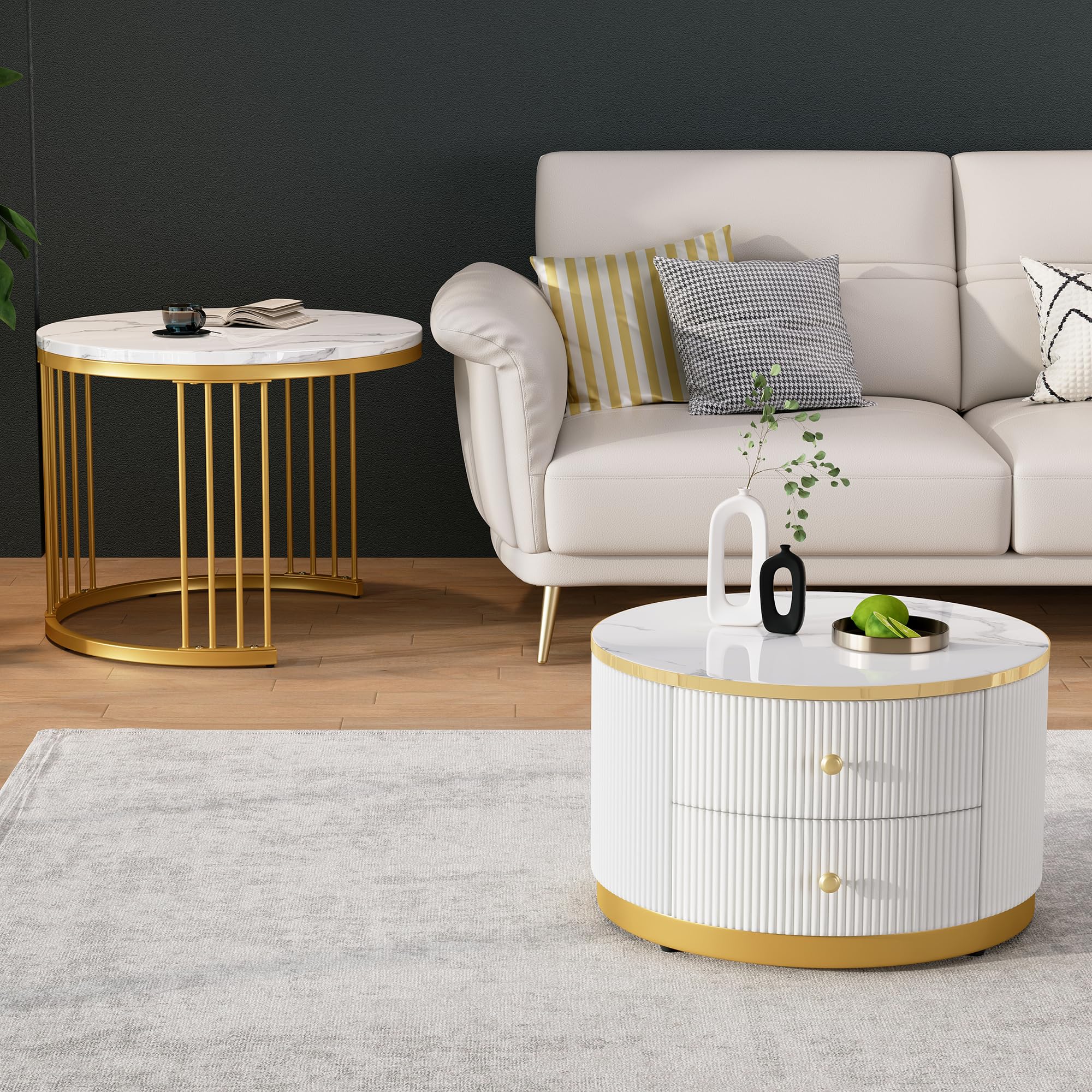 BTM Elegantes 2-teiliges, weißes Couchtisch-Set in Nestform, 60*60*45.5cm & 50*50*32cm, runde Tische mit hochglänzender Marmoroptik, 2 Schubladen, bis 30kg belastbar,Nesting-Kombination Couchtisch