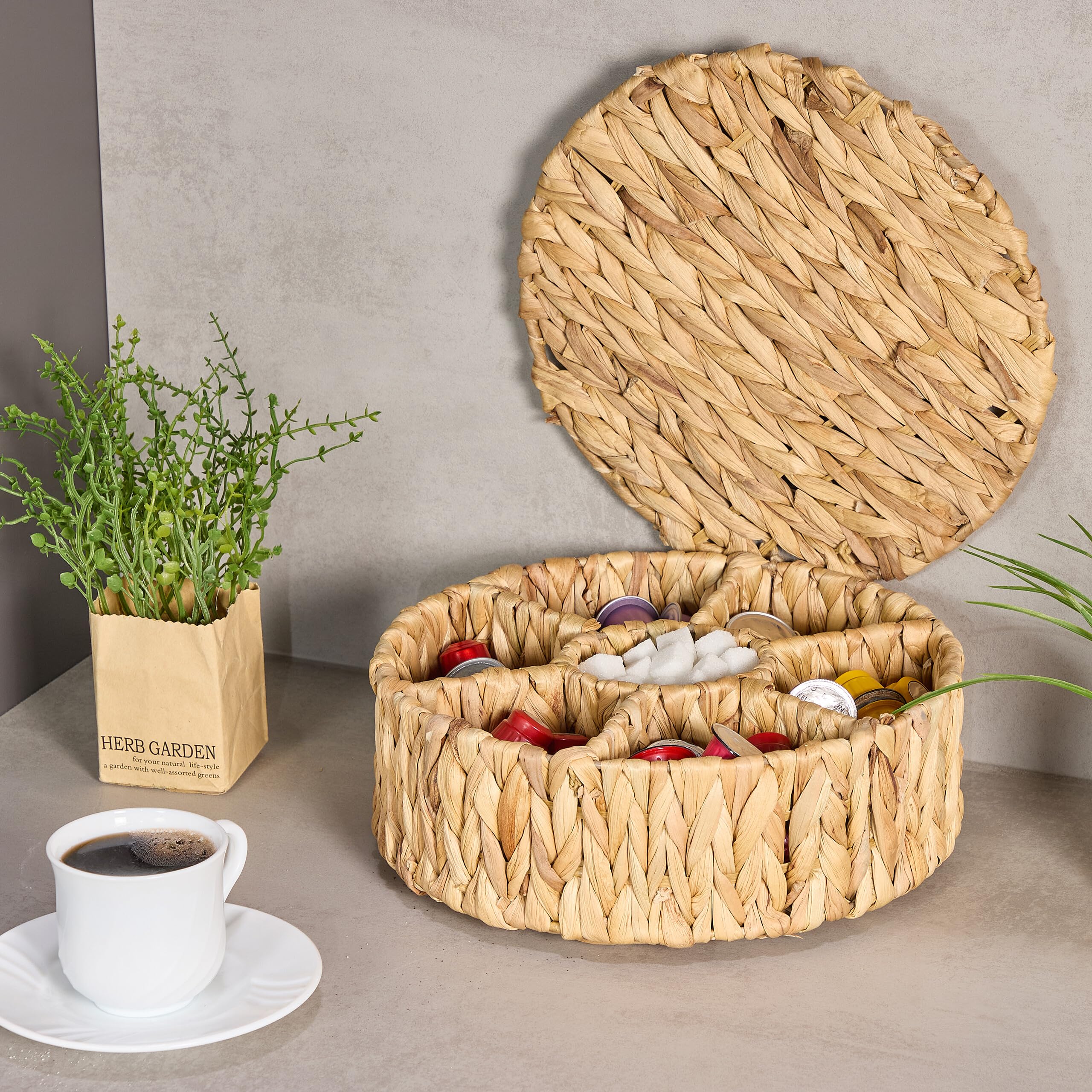 Relaxdays Boite à thé, 7 Compartiments, pour sachets de thé/Sucre, Aspect tressé, eichhornia, HxD : 11,5 x 28 cm, Nature