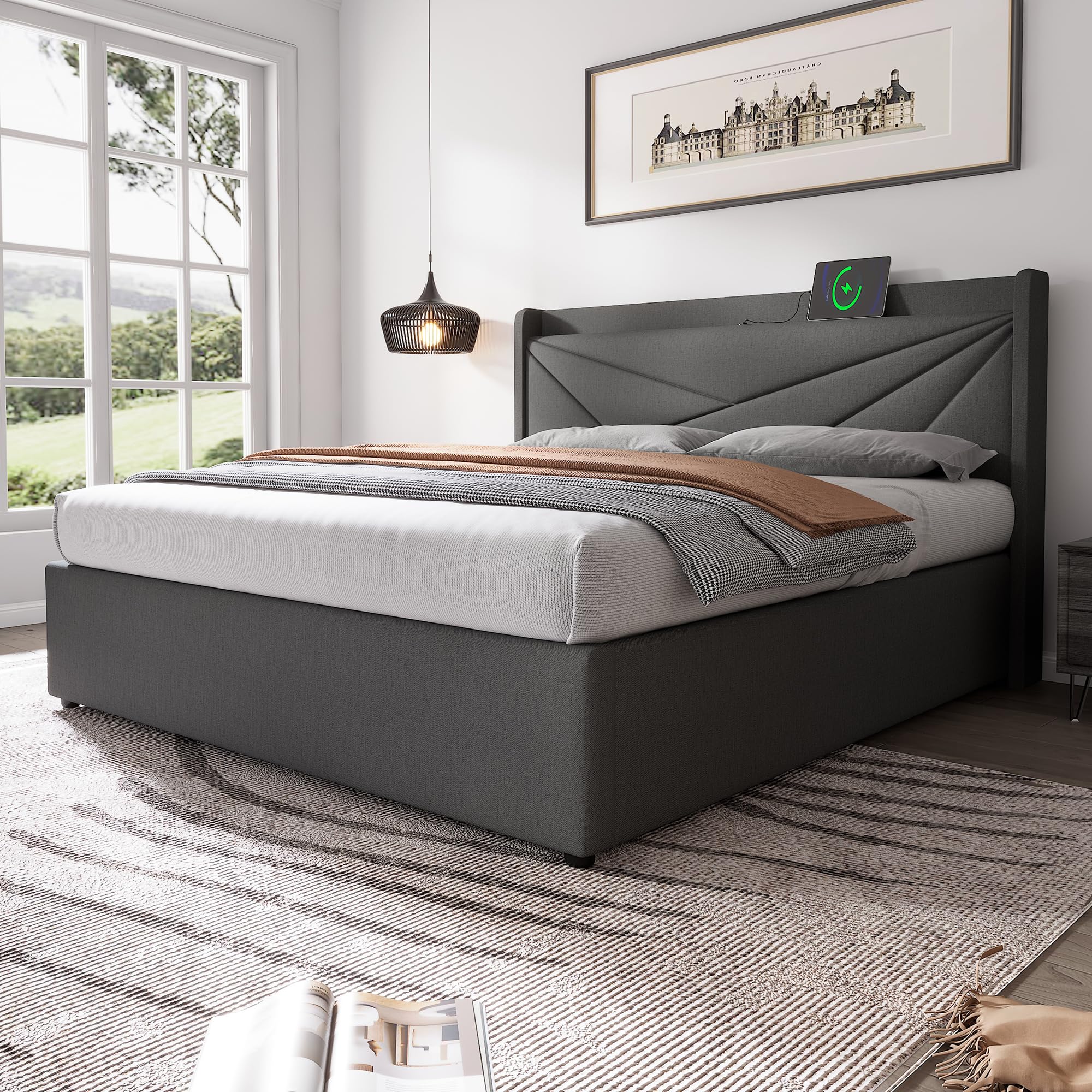 MURUL Letto imbottito per letto matrimoniale, contenitore con funzione di ricarica USB tipo C, testiera, con rete a doghe, telaio in tessuto di lino, per ragazzi (grigio, 160 x 200 cm)