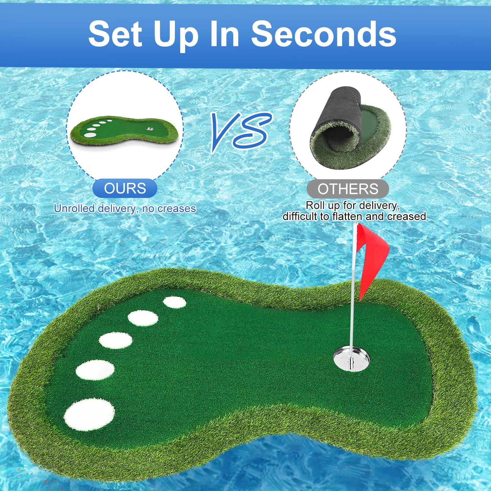 Tapis de golf flottant vert pour piscine, tapis vert flottant avec récupérateur de balles pour piscine/lac, jeu de golf flottant pour golfeurs