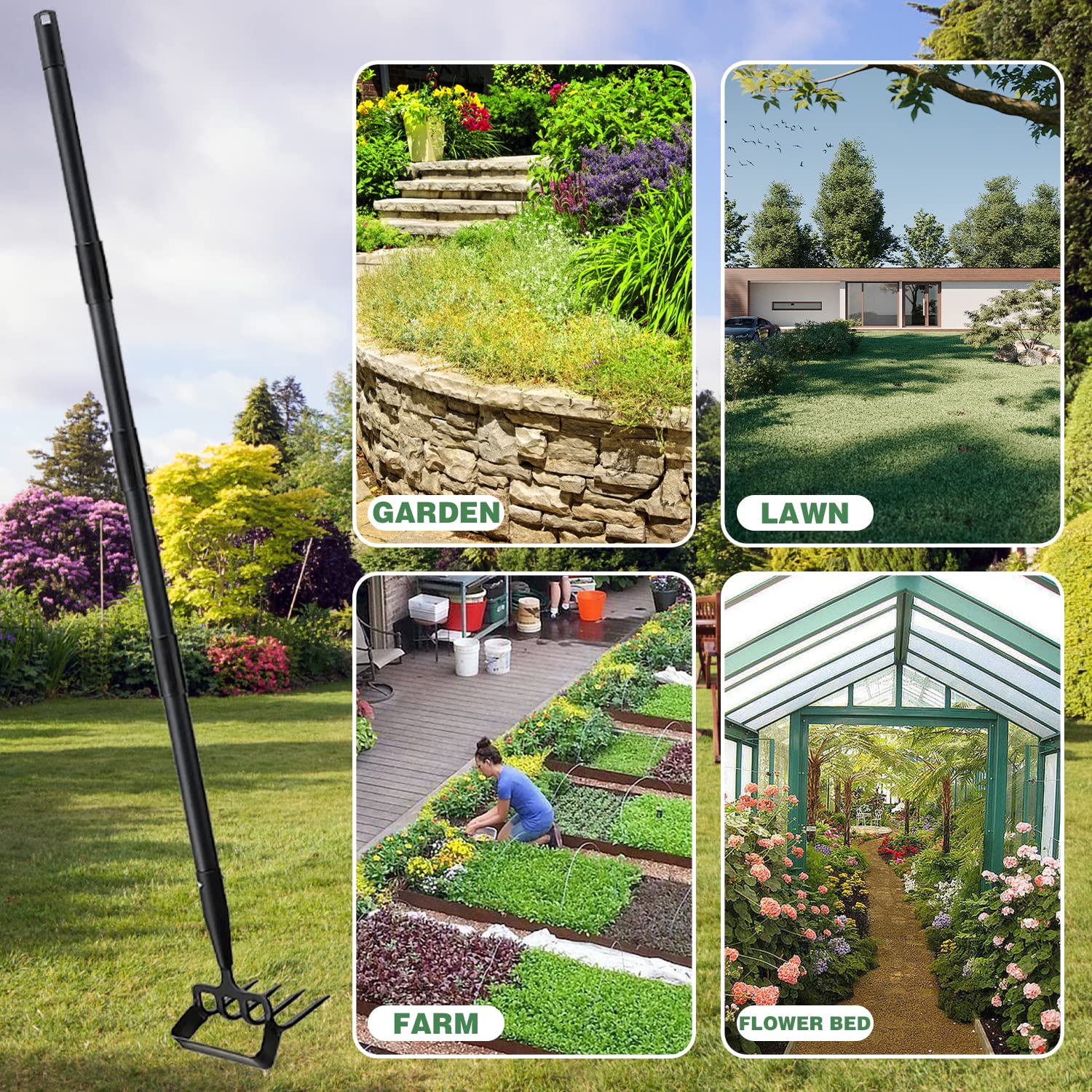 Houe de jardin 170cm Houe à étrier et râteau à pointes 4 dents 2 en 1 en acier inoxydable Houe à main Outil de jardin Houe à étrier avec action réglable pour désherber/meubler le sol