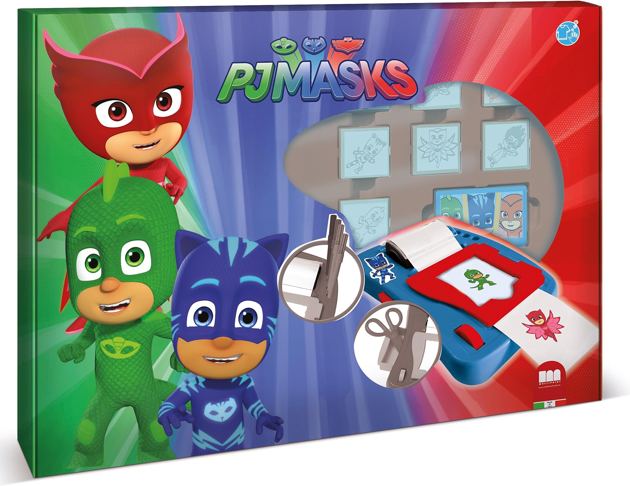 Multiprint Stickers Machine Pj Mask, Made in Italy, 7 Stamps, Album with Pens, Stamps for Children, in Wood and Natural Rubber, Non-toxic Washable Ink, Gift Idea, art.08954