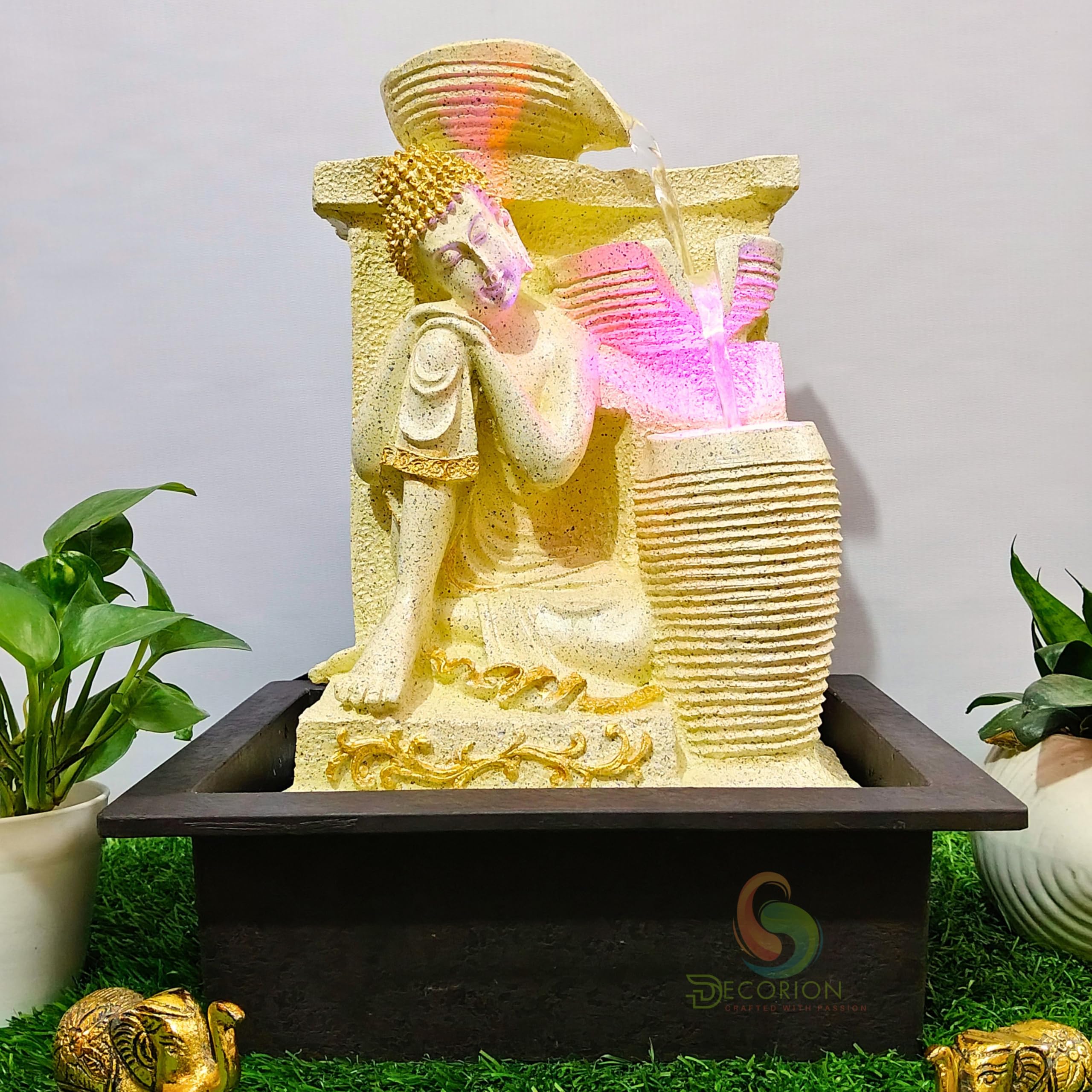 Yellow Stone Sleeping Budhha & Diya Decorative Table Top Water Fountain for Home Décor/Office/Indoor & Outdoor/Garden/Puja Room/Vaastu with Multicolor LED Light and Adjustable Water Pump-image-32