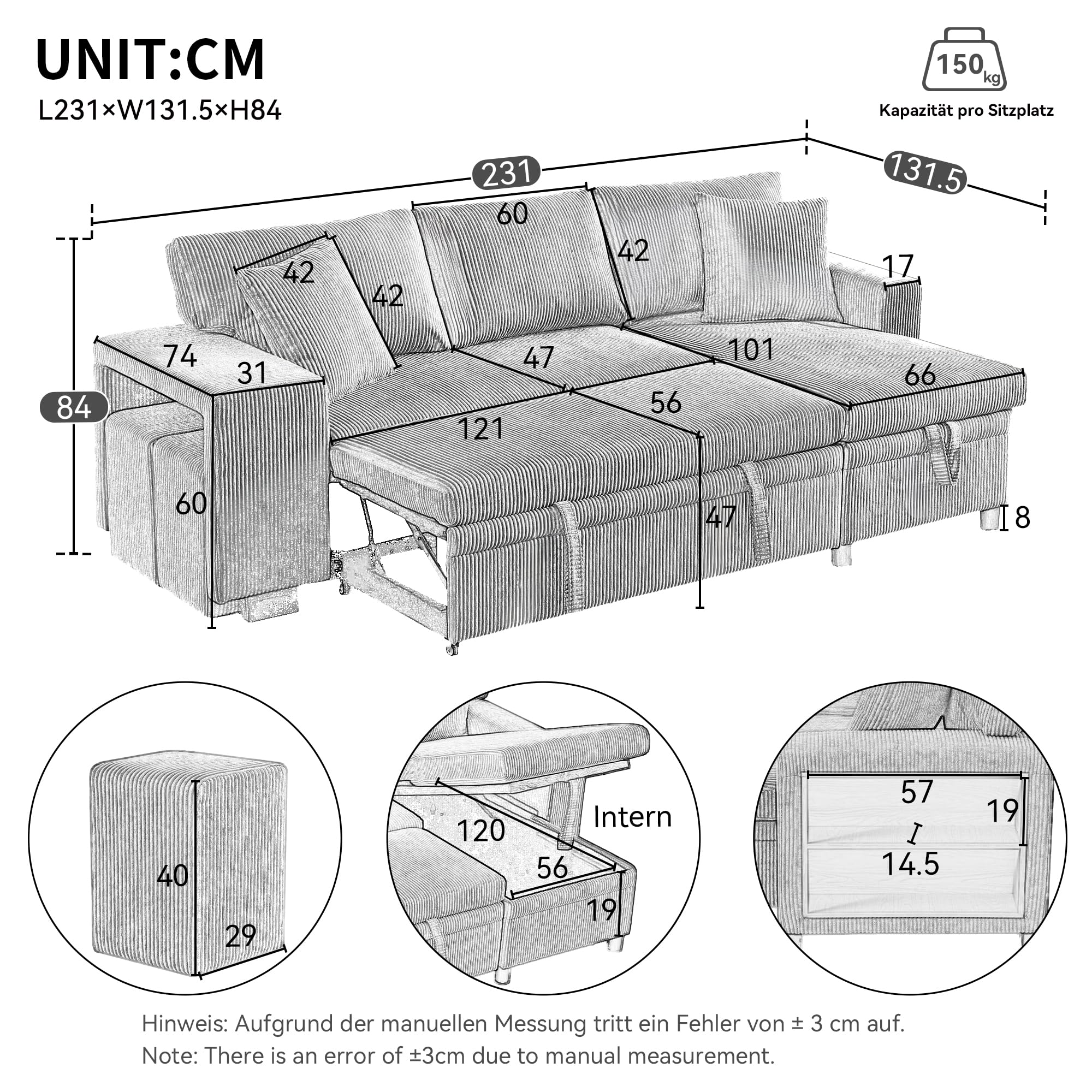 Canapé d'angle convertible pliant,avec port de charge USB et coussins,canapé convertible 3 places tissu avec fonction couchage,canapé lit 3 places avec étagères latérales et espace de rangement beige