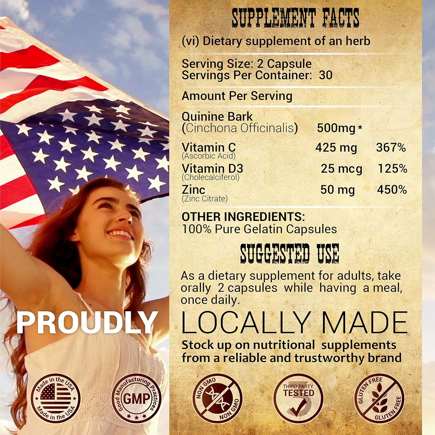 HERBALICIOUS Quinine Immune Guard - Quinine Capsules Supplement with Vitamin C, D3, Zinc - for Muscle Cramps Relief & Stomach Wellness - Non-GMO Cinchona Bark Herbal Supplements - 500mg, 60 Capsules - Image 6