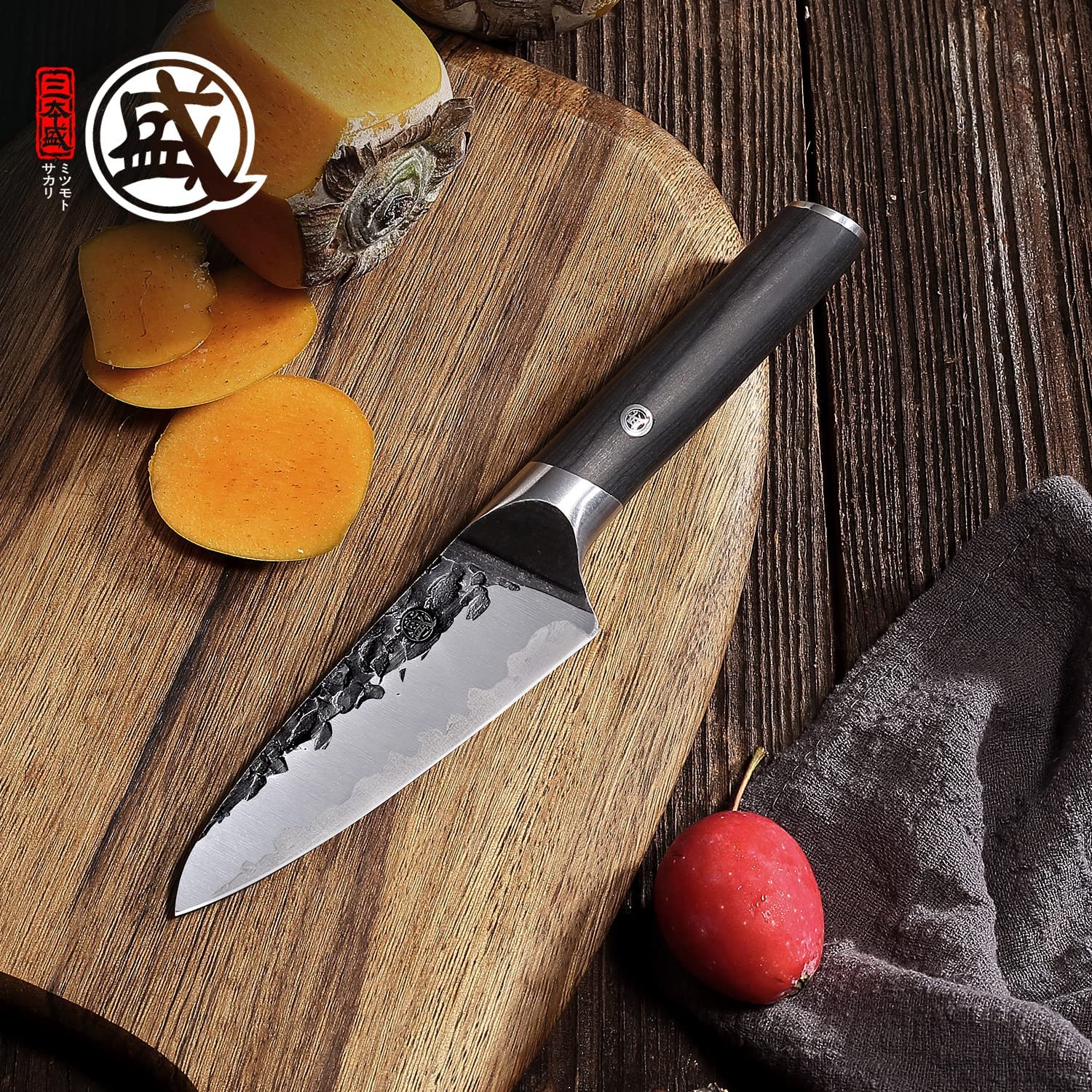 MITSUMOTO SAKARI 11 cm Spelucchino Professionale, Coltello Verdure in Acciaio Inox ad Alto Tenore di Carbonio, Coltello Cucina con Manico in Pakkawood e Scatola di legno Boutique