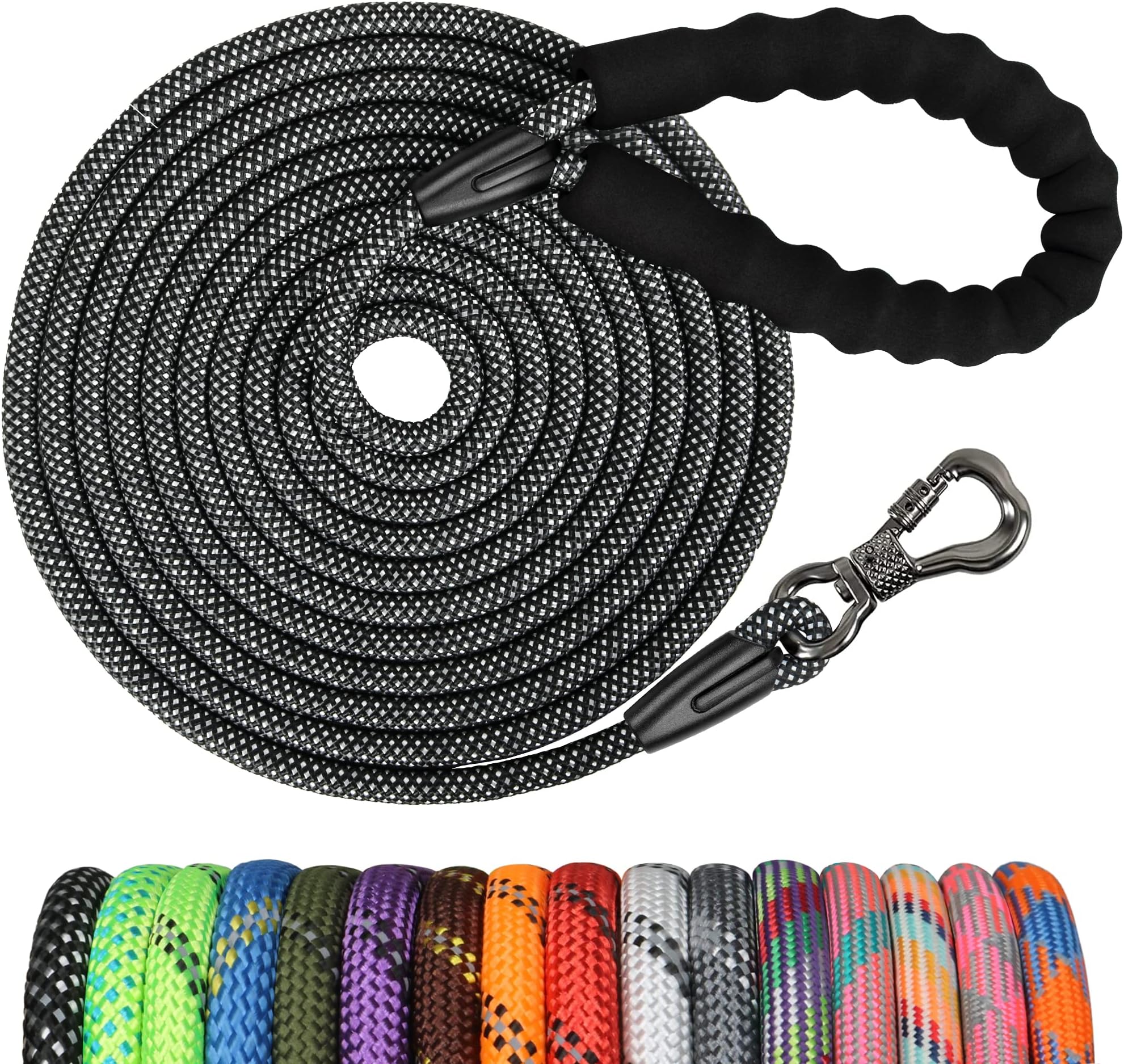 NTR50FT Long Dog Leash, Black Rope Dog Leash with Swivel Lockable Hook and Comfortable Padded Handle, Dog Training Leash Lead for Walking, Hunting, Camping, Backyard for Small Medium and Large Dogs
