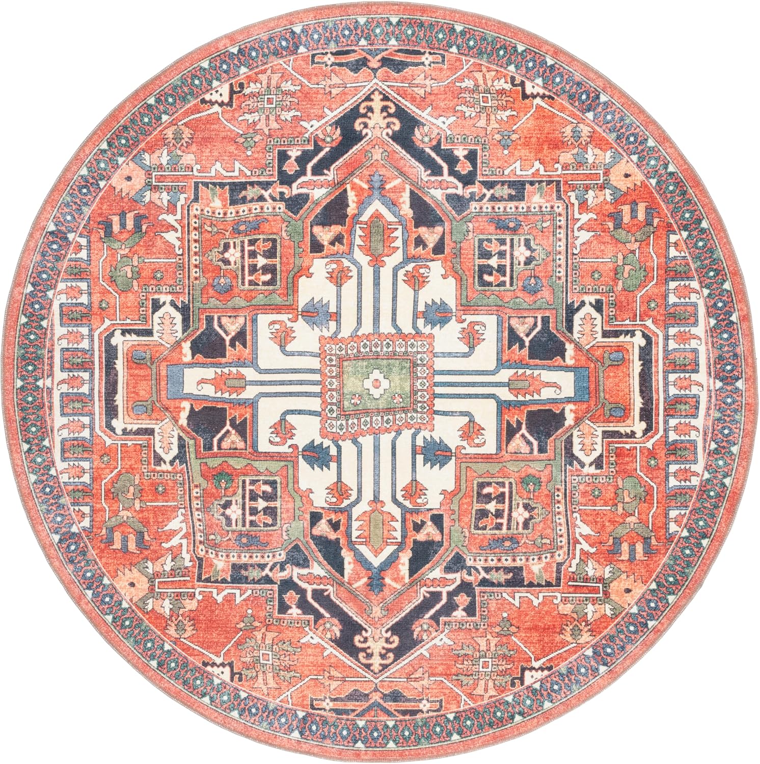 SAFAVIEH Washable Rug Serapi Collection - 6'7" Round, Rust & Navy, Slip Resistant & Easy to Clean, Ideal for Living Room, Bedroom, Dining Space (SEP812P)