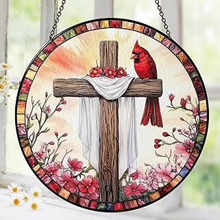 Red Cardinals Cross Suncatcher Stained Glass Window Hanging Christian Gifts for Women Faith Home Decorations Jesus Gifts for Women of God Christmas Mothers Day Religious Catholic Religion Bible Gift
