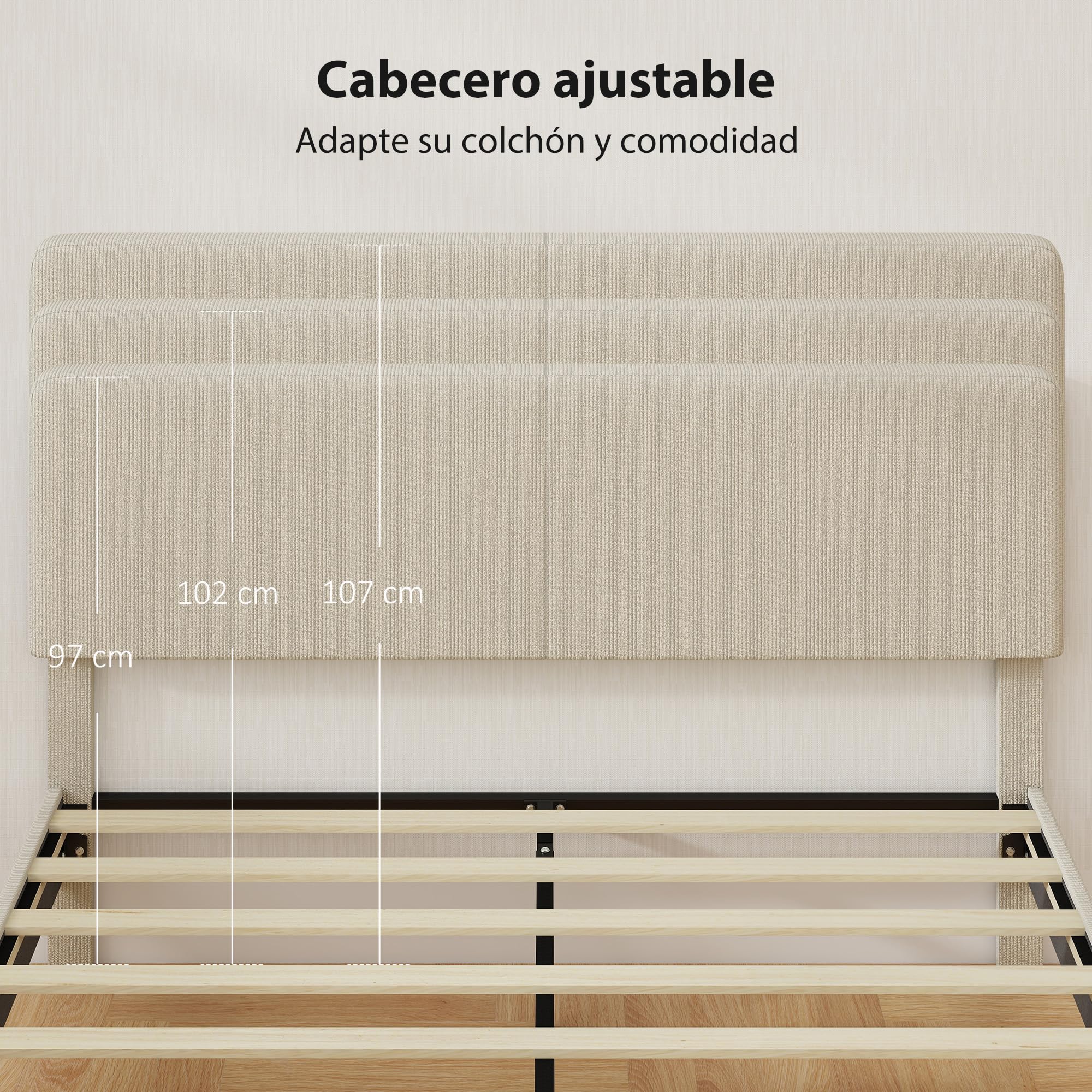 HOMCOM Somier 160x200 cm con Cabecero Ajustable, Estructura de Cama, Tapizado en Pana, Láminas de Madera, Fácil de Montar, Gris Claro