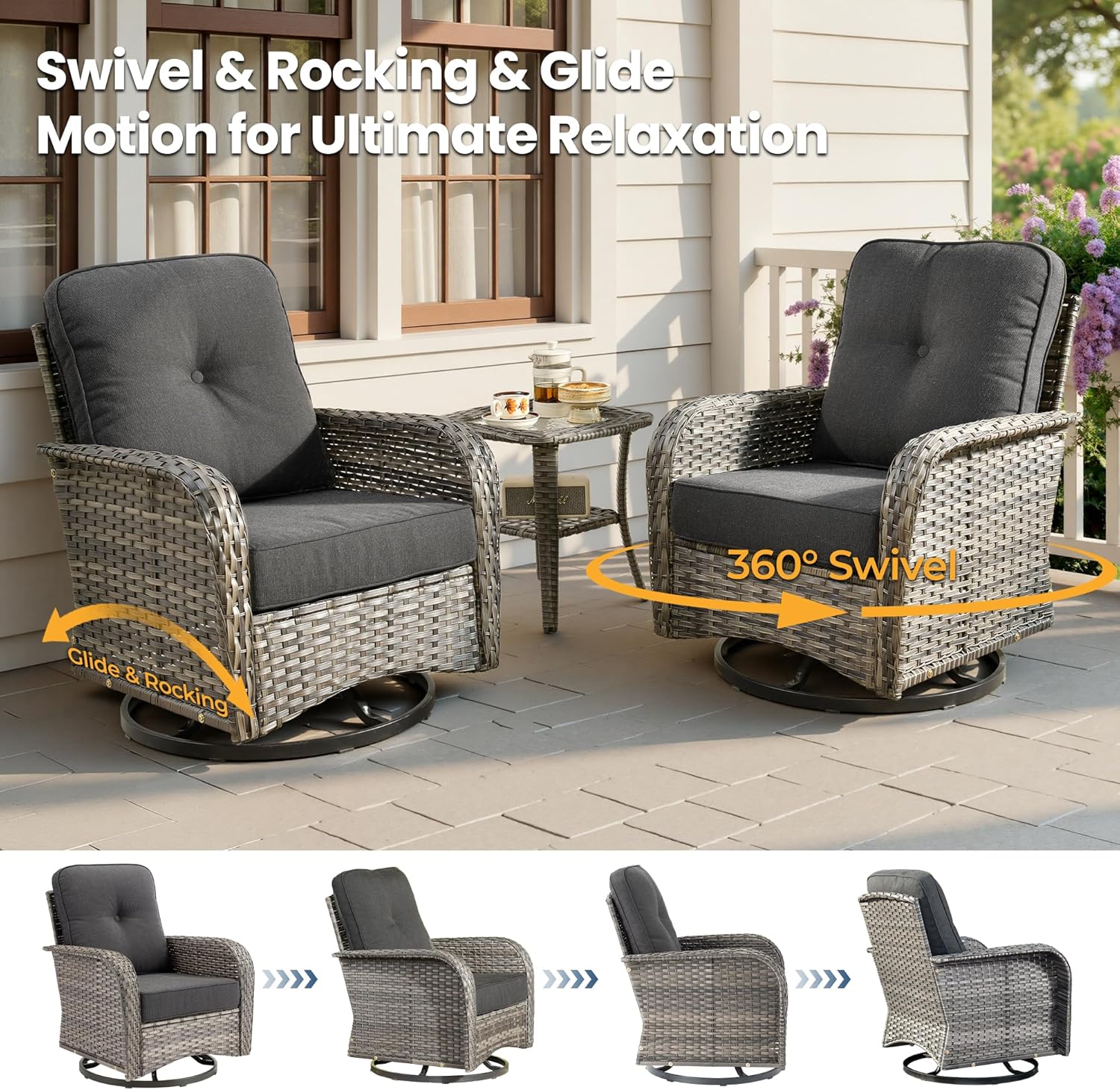 Weaxty Wicker Patio Furniture Set with Swivel Rocker Chairs Outdoor Loveseat Sofa and Rattan Coffee Table, 5 Pieces Outdoor Conversation Sets for Patio Porch Deck Backyard Poolside, Black