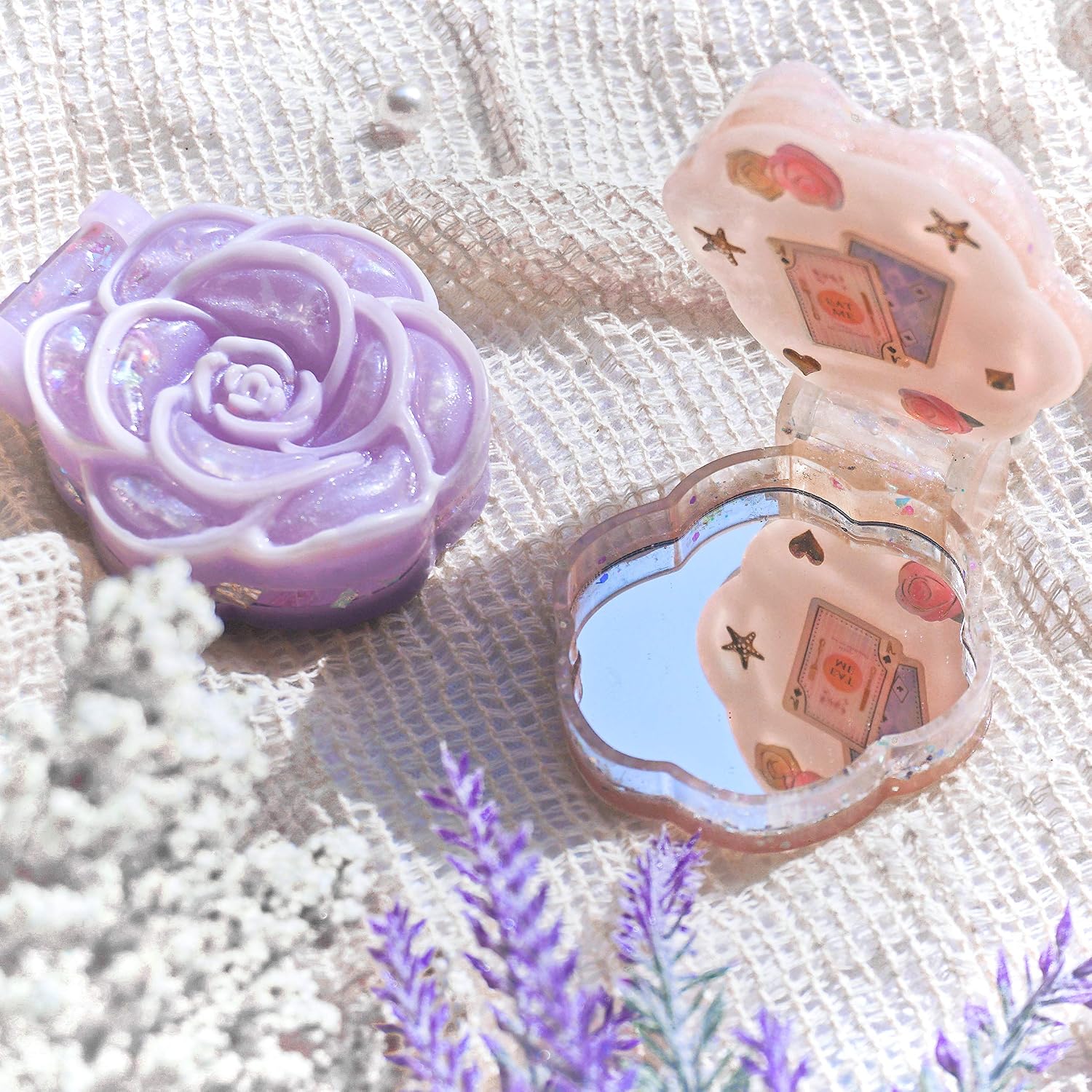FUNSHOWCASE Compact Mirror Epoxy Resin Silicone Molds Jewelry Casting Seashell Cat Rose Round with Acrylic Mirrors 44-in-Set