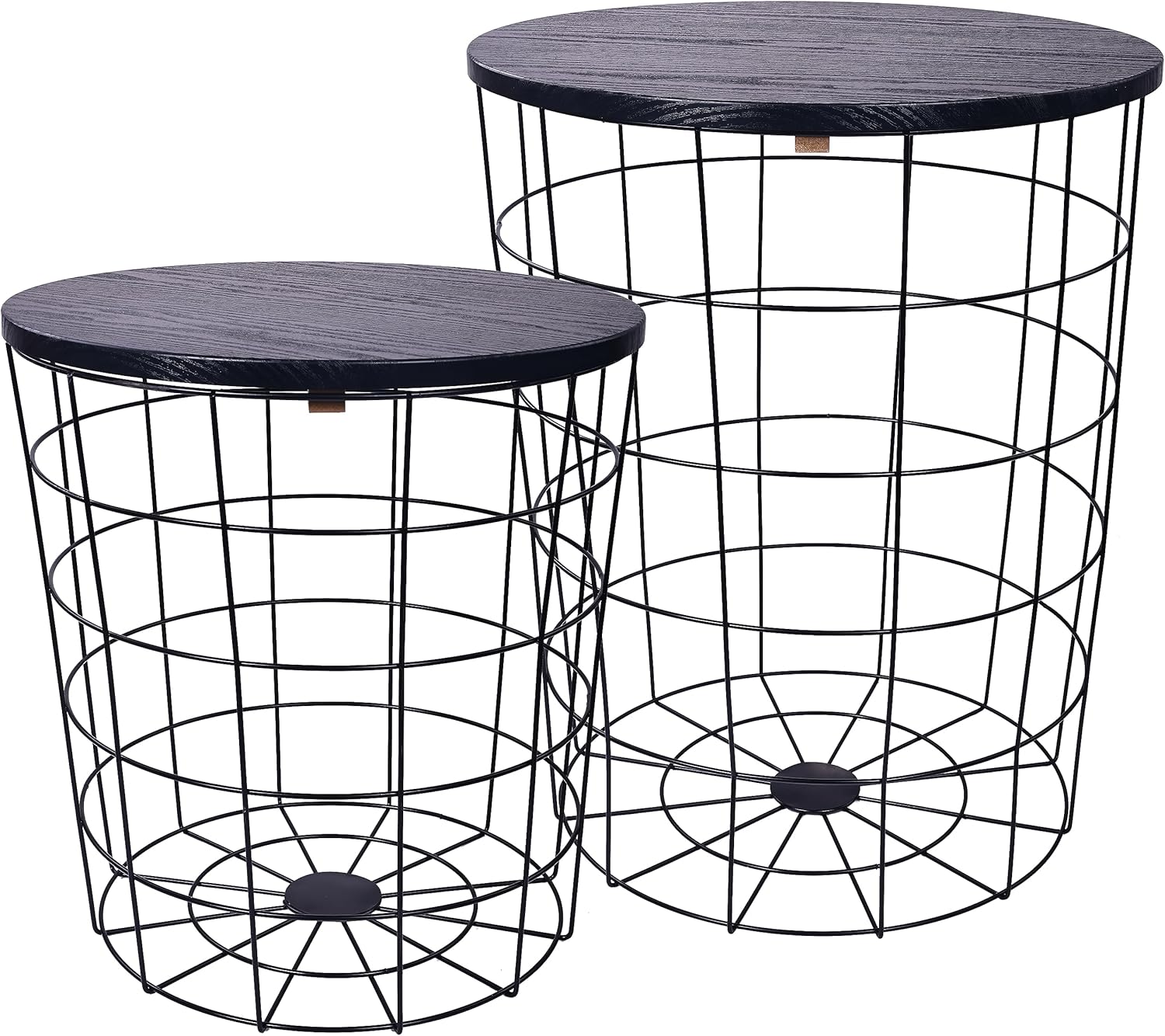 Nesting Table End Table Wire Basket Base with Wood Tops Side Table Set of 2, Black