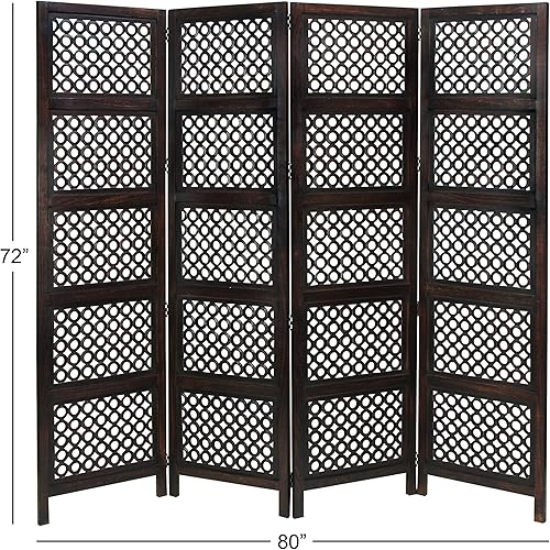 Miniatura 6 de Deco 79 Partición plegable de madera floral hecha a mano con bisagras 4 paneles con diseños intrincadamente tallados, 80 x 1 x 72 pulgadas, marrón