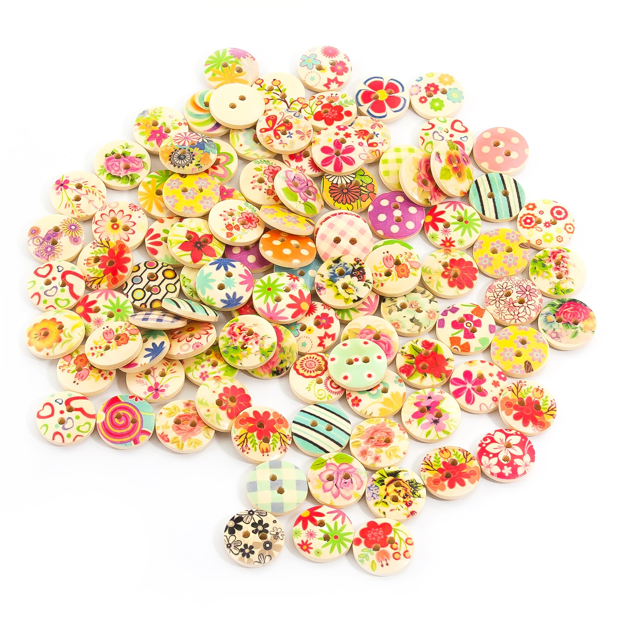 Oblique-Unique Holzknöpfe – Ca. 100 Stück Bunte Blumenknöpfe, 15mm Durchmesser
