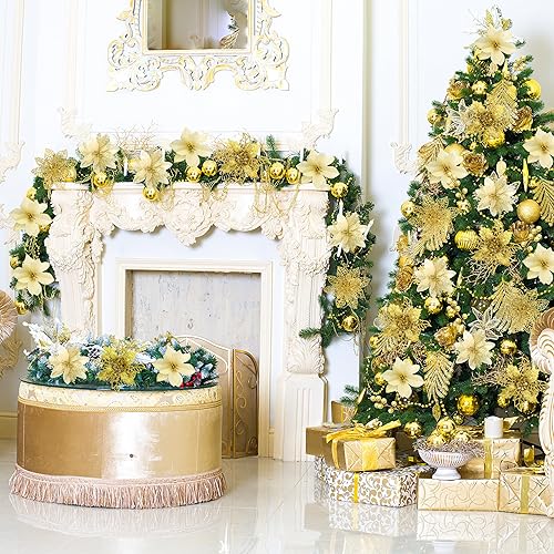 Miniatura 7 de 40 piezas de flores de pascua con purpurina de 5.5 pulgadas, púas de bayas artificiales, adornos de árbol de Navidad, flores artificiales de Navidad