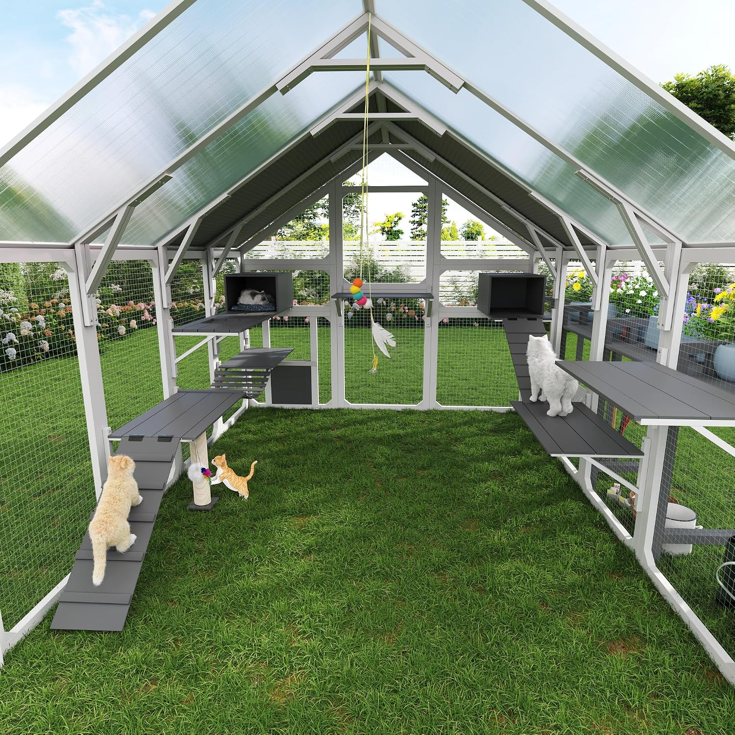 Merax Large Outdoor Cat House with Planter Stand, Wooden Walk-in Catio Enclosure with 8 Platforms, Hanging Bridge, 2 Resting Boxes, Scratching Post, Waterproof Cover for Multiple Cats, White+Grey