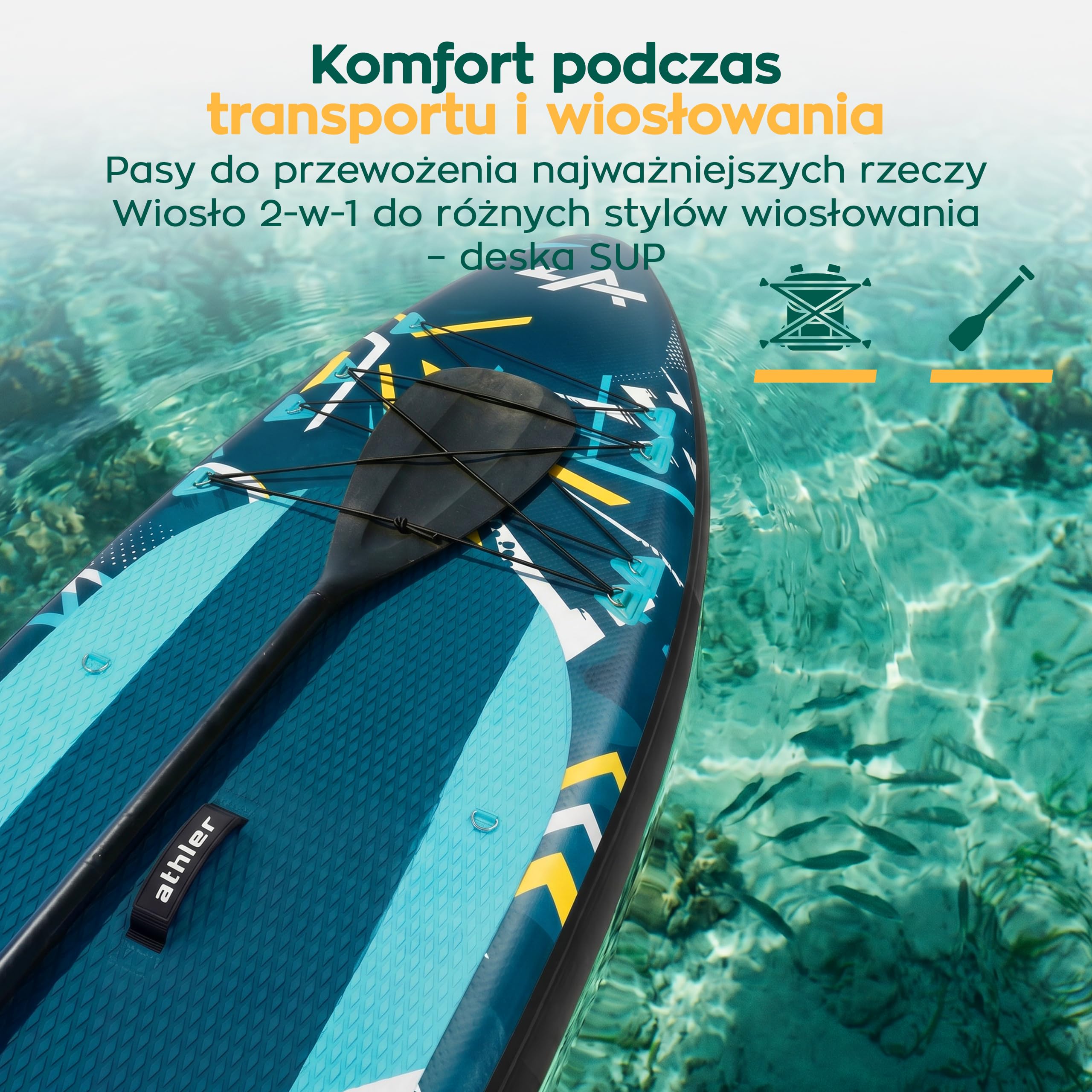 Athler Zander 350 Stand up Paddling Board - deska SUP do 180 kg - kompletny zestaw z siedziskiem kajakowym i wiosłem 2 w 1 - 350 x 80 cm