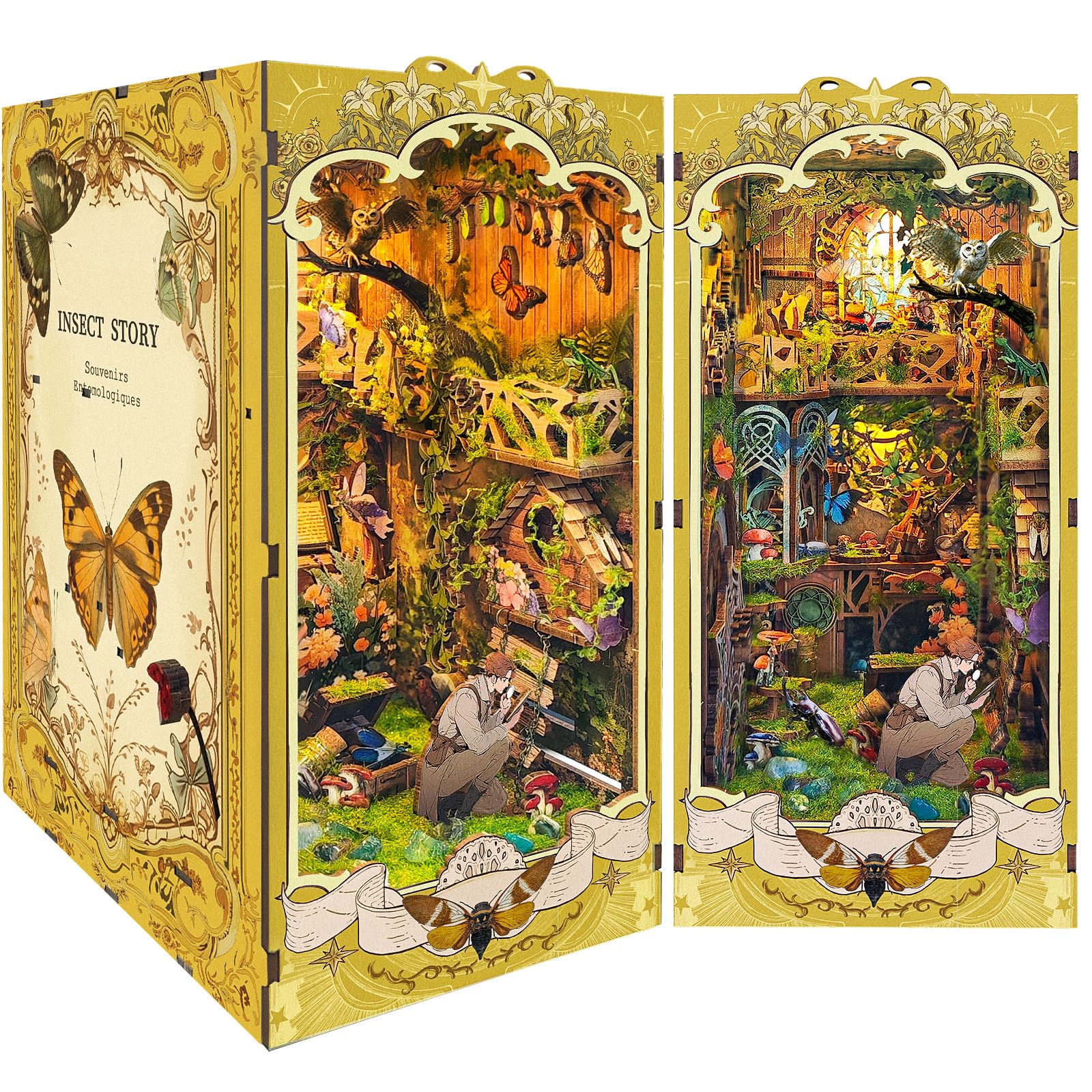 Ulikey DIY Book Nook, Fermalibri in Legno Book Nook 3D Kit per Casa Delle Bambole, Kit di Decorazione Della Libreria Con Luce LED e Istruzioni per Decorazioni e Regali Creativi