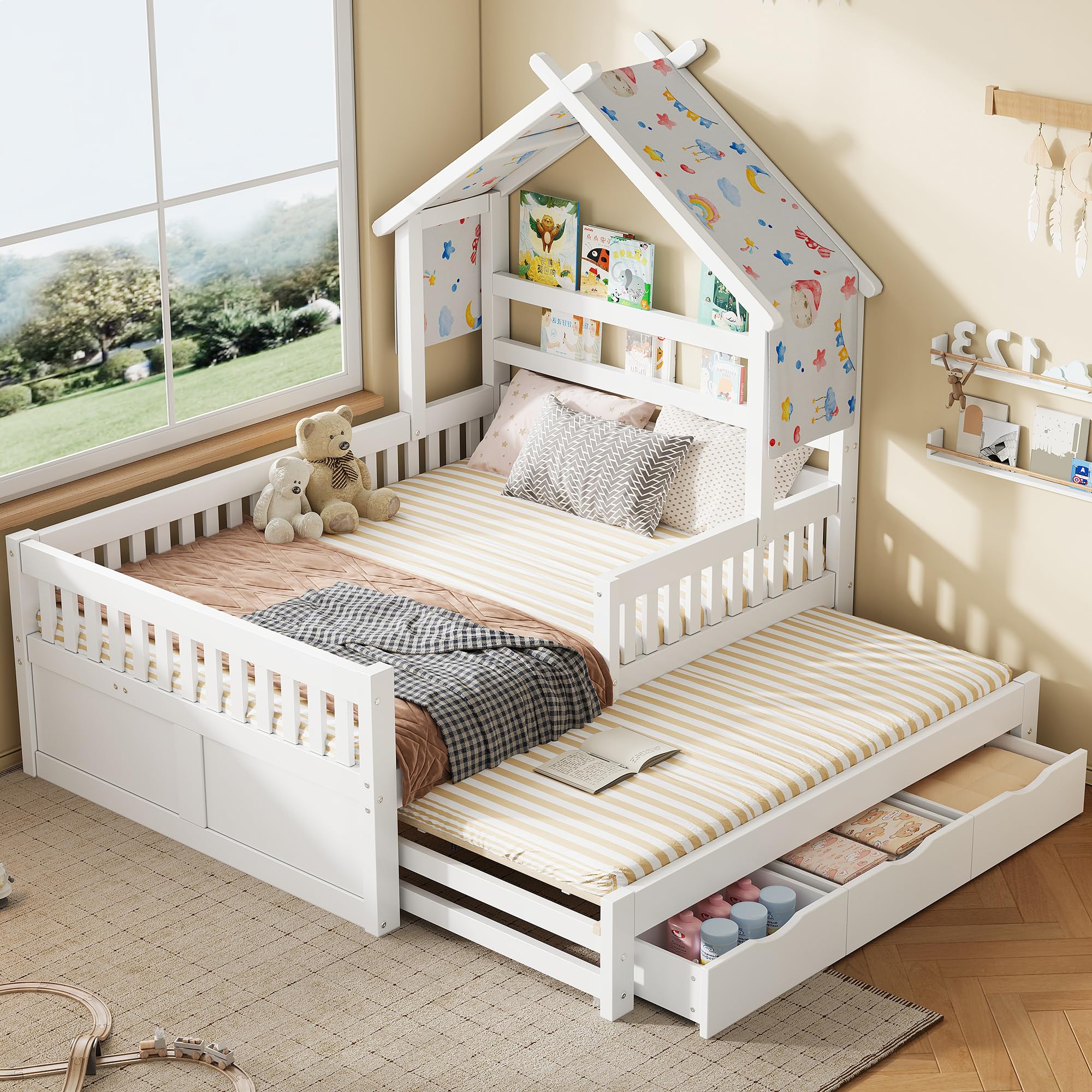 Soweiz Letto per bambini con protezione anticaduta, letto estraibile e scatole portaoggetti, in legno, 140 x 200 cm, letto per la casa dei bambini, letto stabile con design a tetto (bianco)