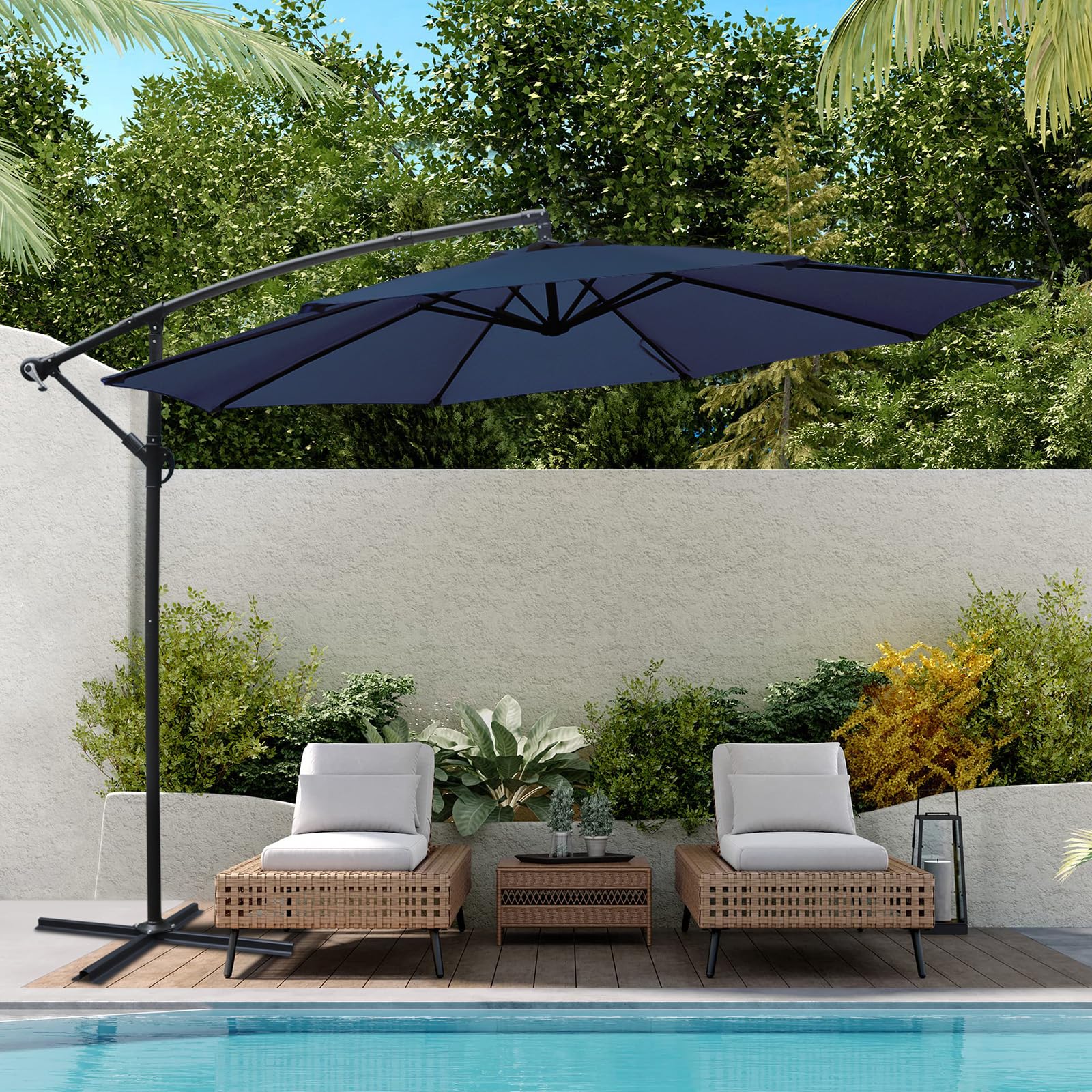 YU YUSING Parasol Déporté Inclinable 3x3M avec Manivelle, Pied Housse, Anti-UV UPF50+, Grand Parasol de Jardin Balcon Terrasse Patio, Inclinable, Imperméable, 8 Armatures Ultra-Résistantes